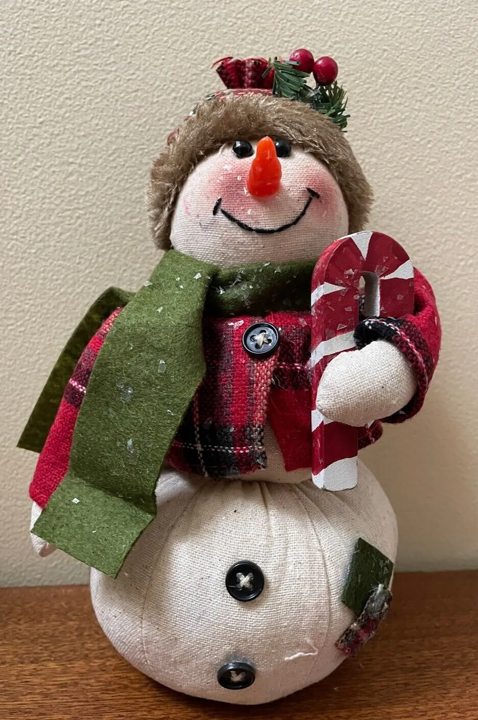 Primitive Christmas Glitter Snowman Doll w/ Candy Cane and Knit Cap  9"