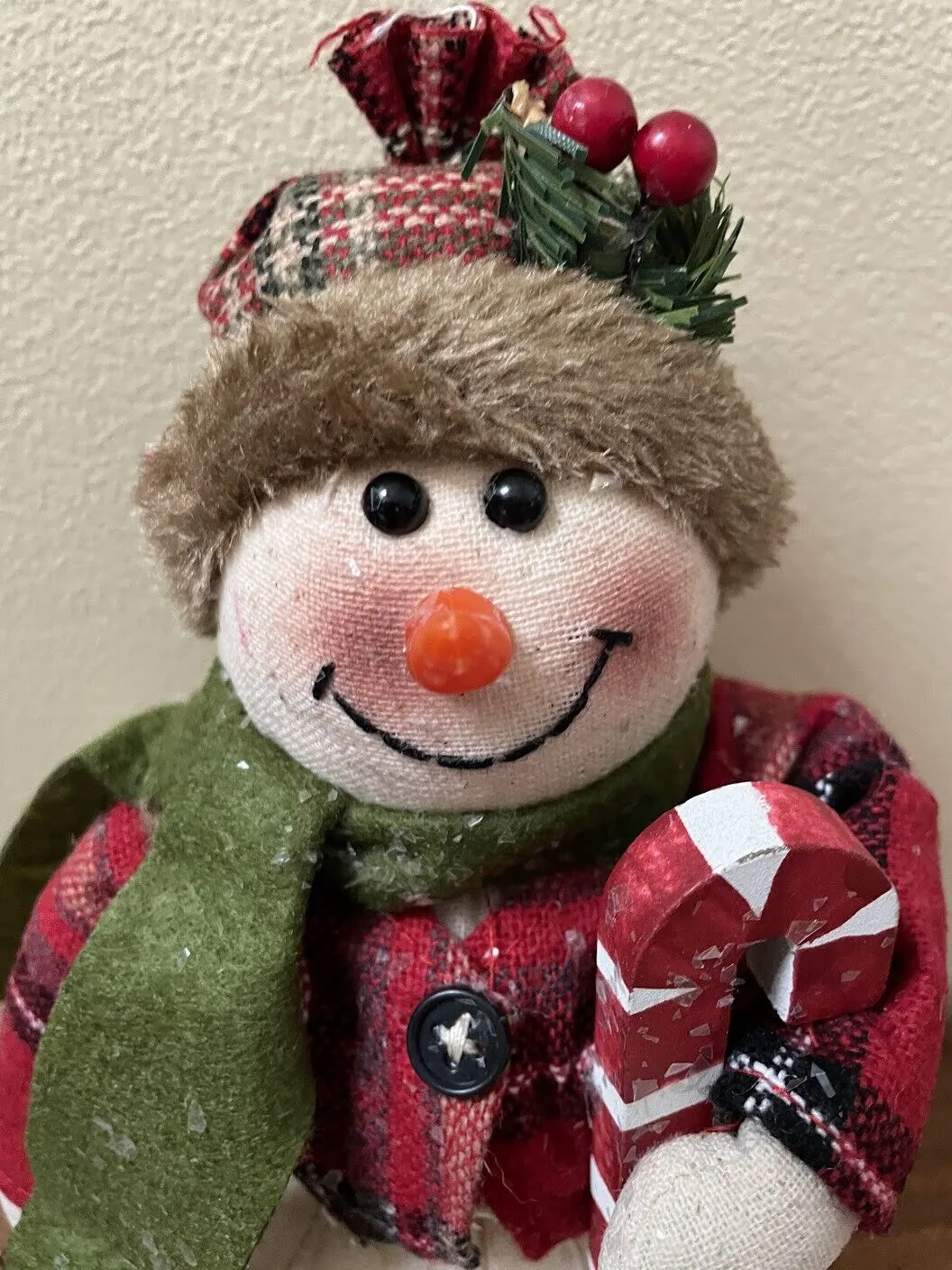 Primitive Christmas Glitter Snowman Doll w/ Candy Cane and Knit Cap  9"