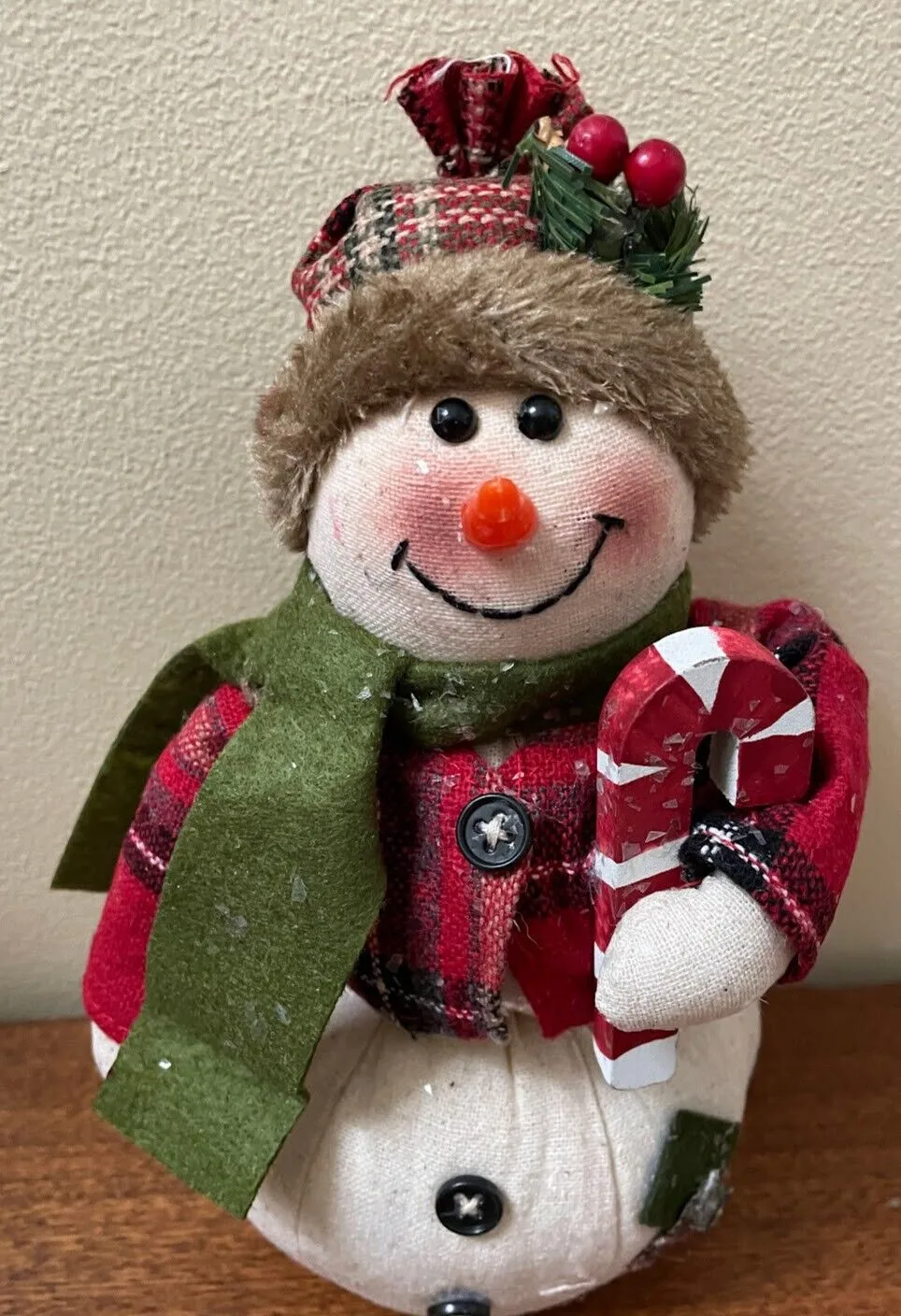 Primitive Christmas Glitter Snowman Doll w/ Candy Cane and Knit Cap  9"