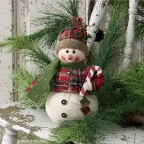 Primitive Christmas Glitter Snowman Doll w/ Candy Cane and Knit Cap  9"