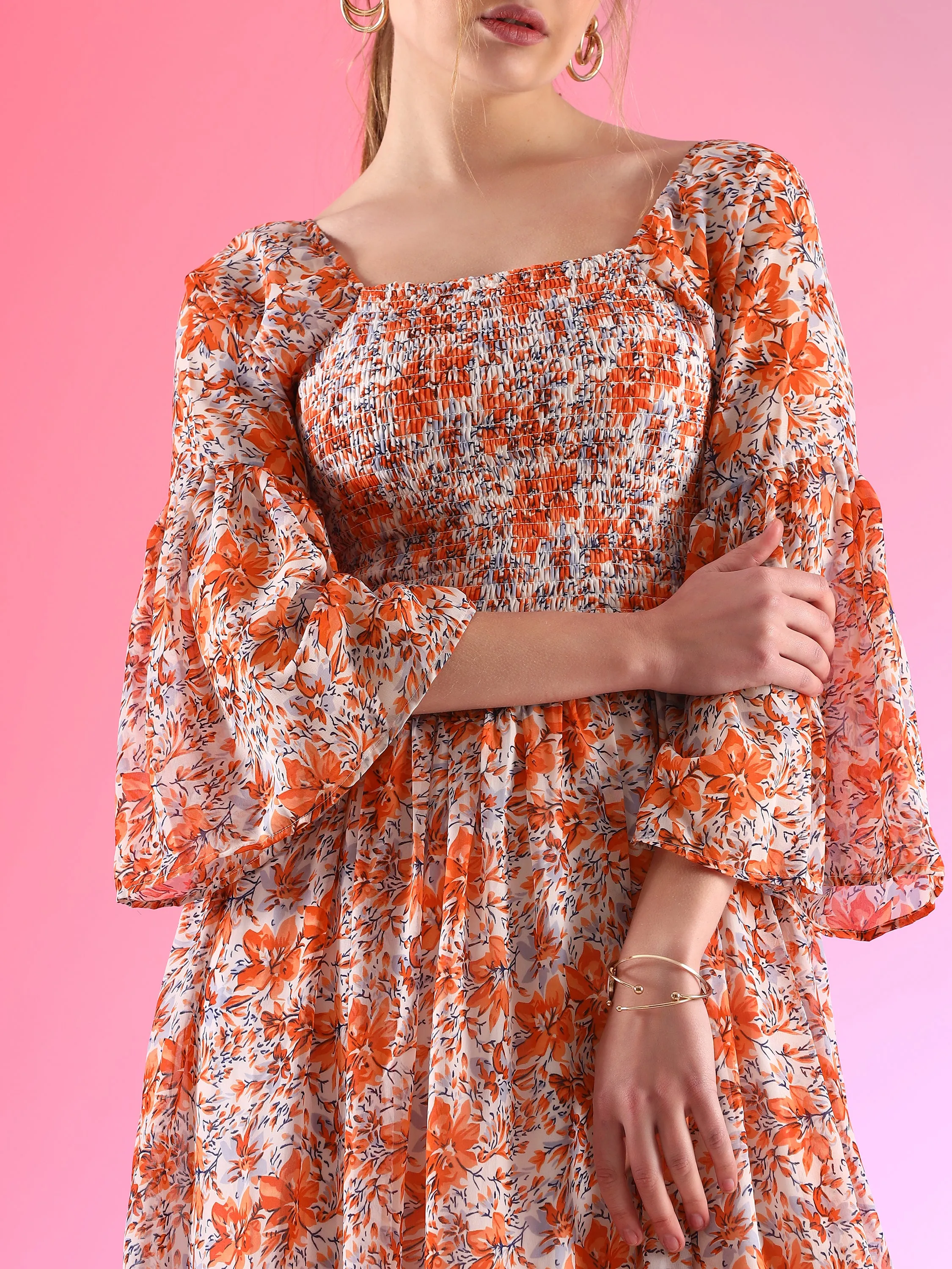 Pumpkin Paradise Square Neck Flared Georgette Dress