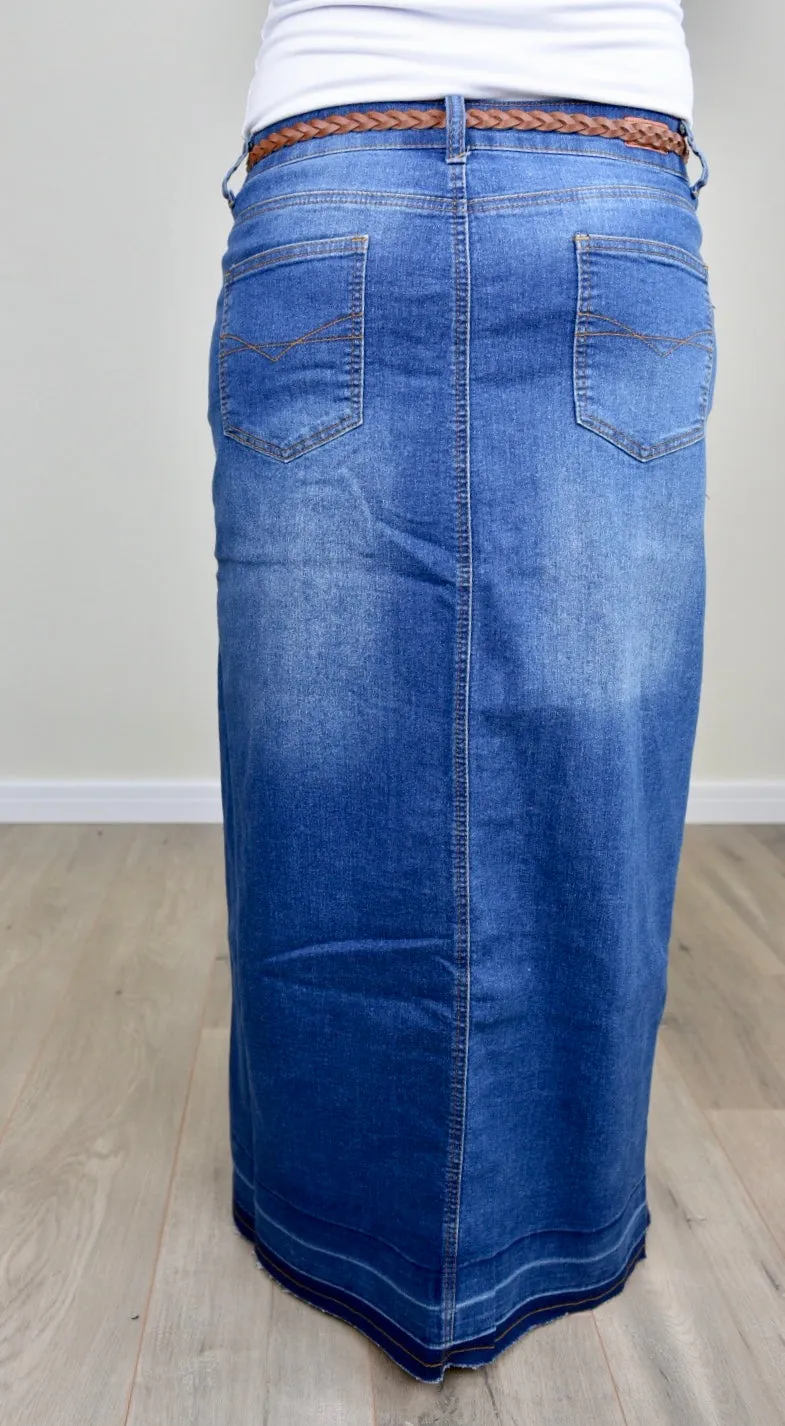 "Avery" Long Denim Skirt in Indigo Wash