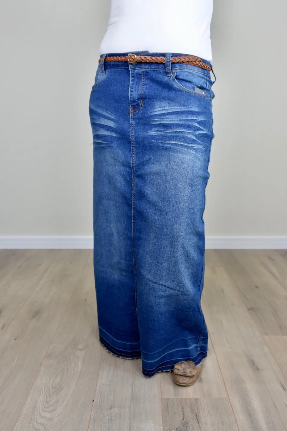 "Avery" Long Denim Skirt in Indigo Wash