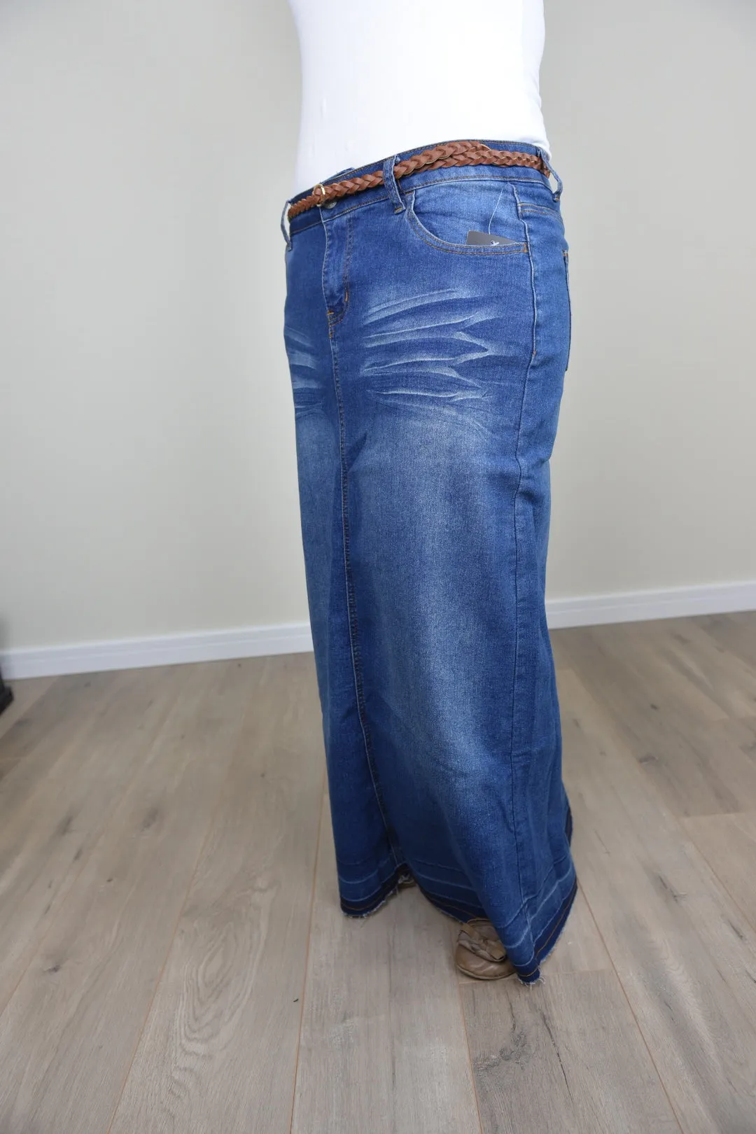 "Avery" Long Denim Skirt in Indigo Wash