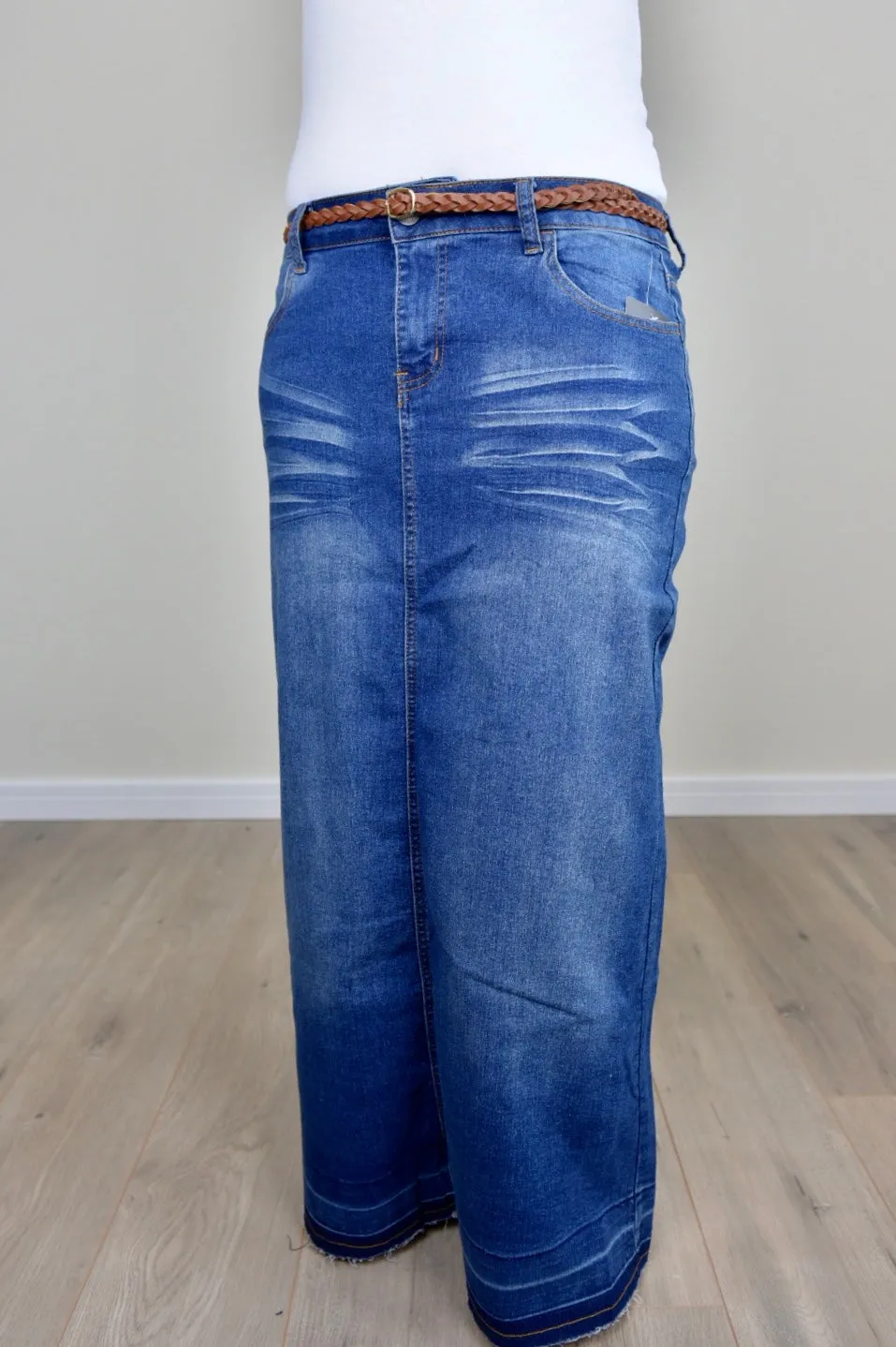 "Avery" Long Denim Skirt in Indigo Wash