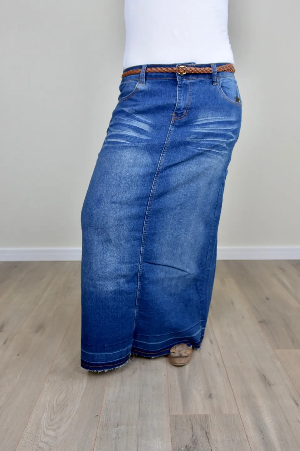 "Avery" Long Denim Skirt in Indigo Wash