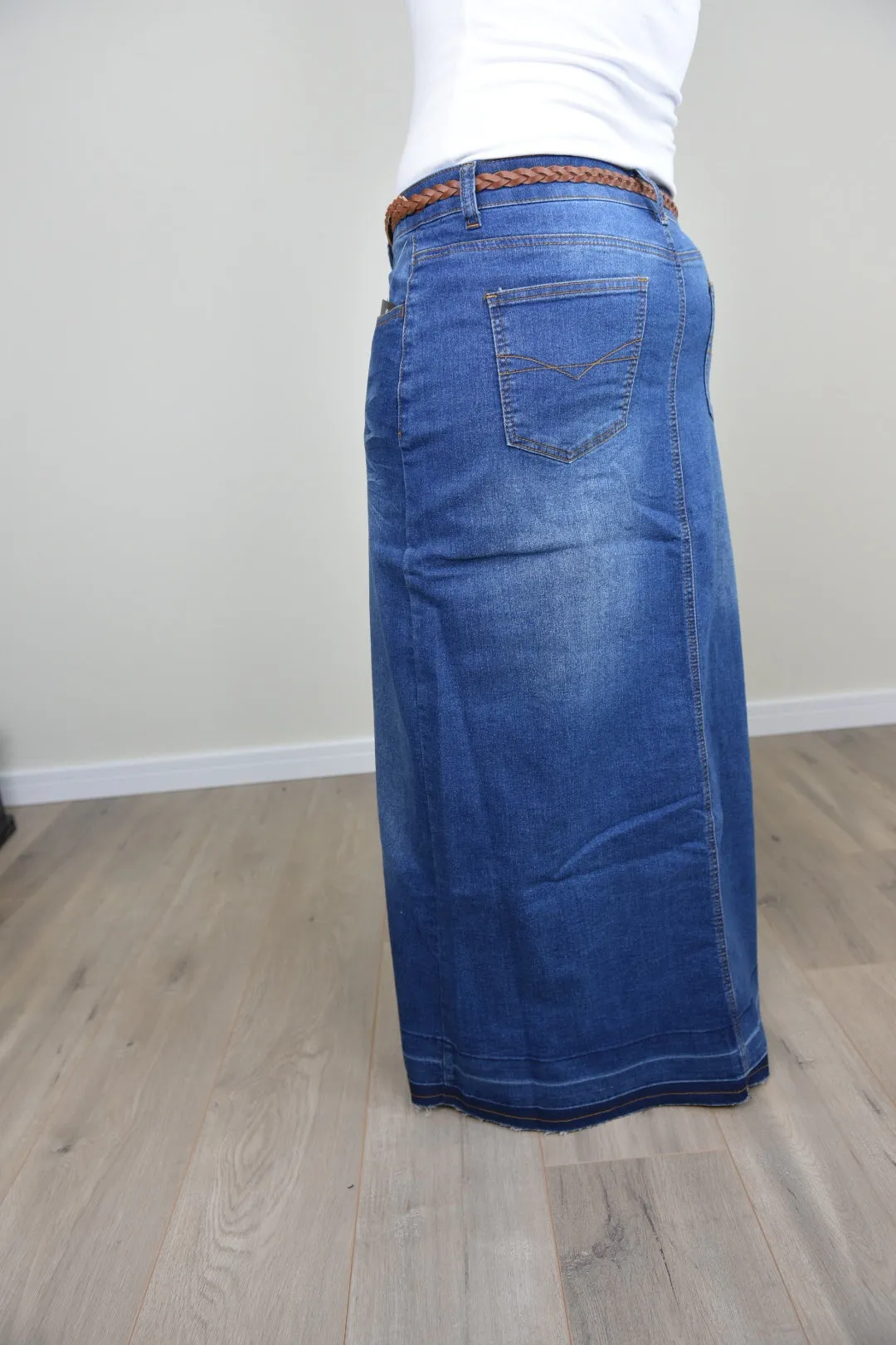 "Avery" Long Denim Skirt in Indigo Wash