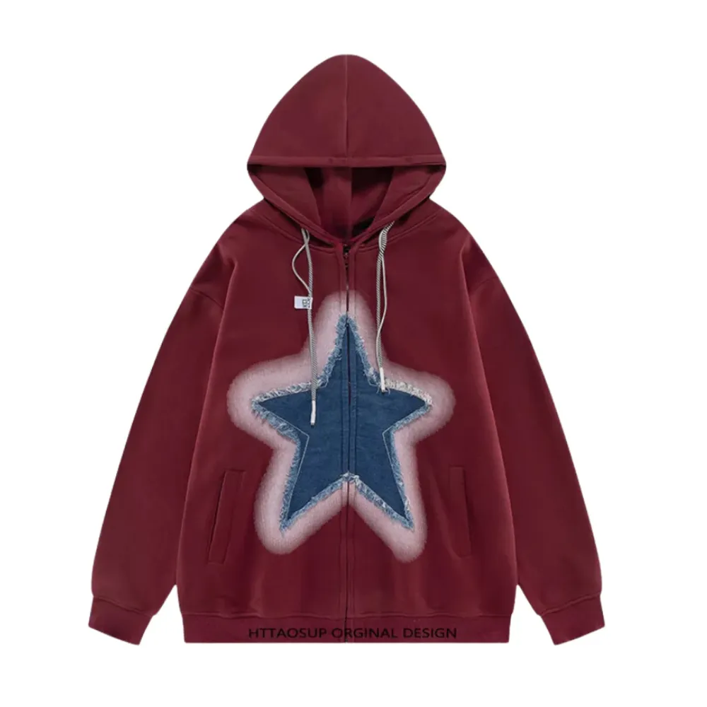 "Retro Star Patchwork Denim" Hoodie