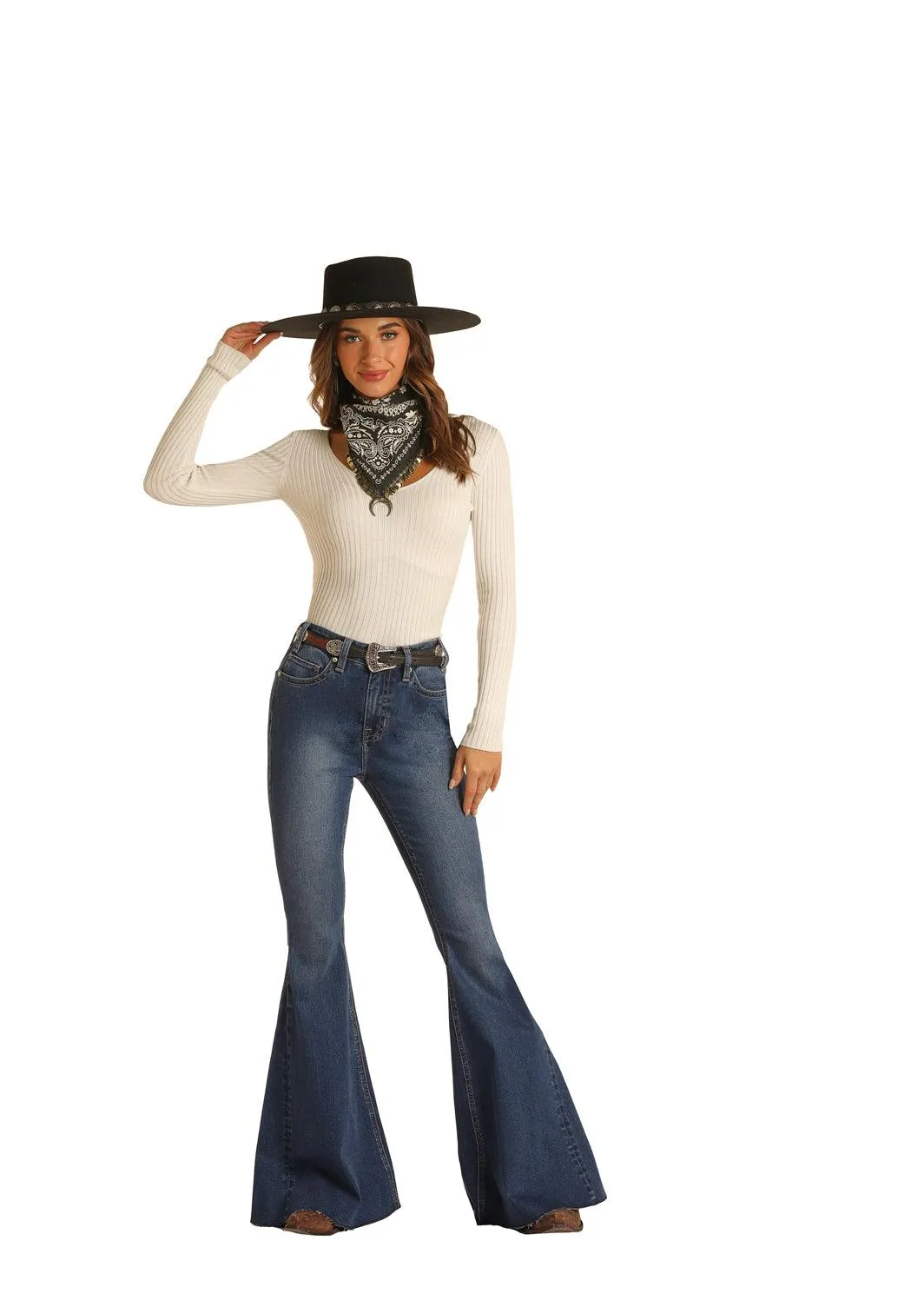 Rock & Roll Cowgirl High Rise Extra Stretch Bell Bottom Jeans WHB1670