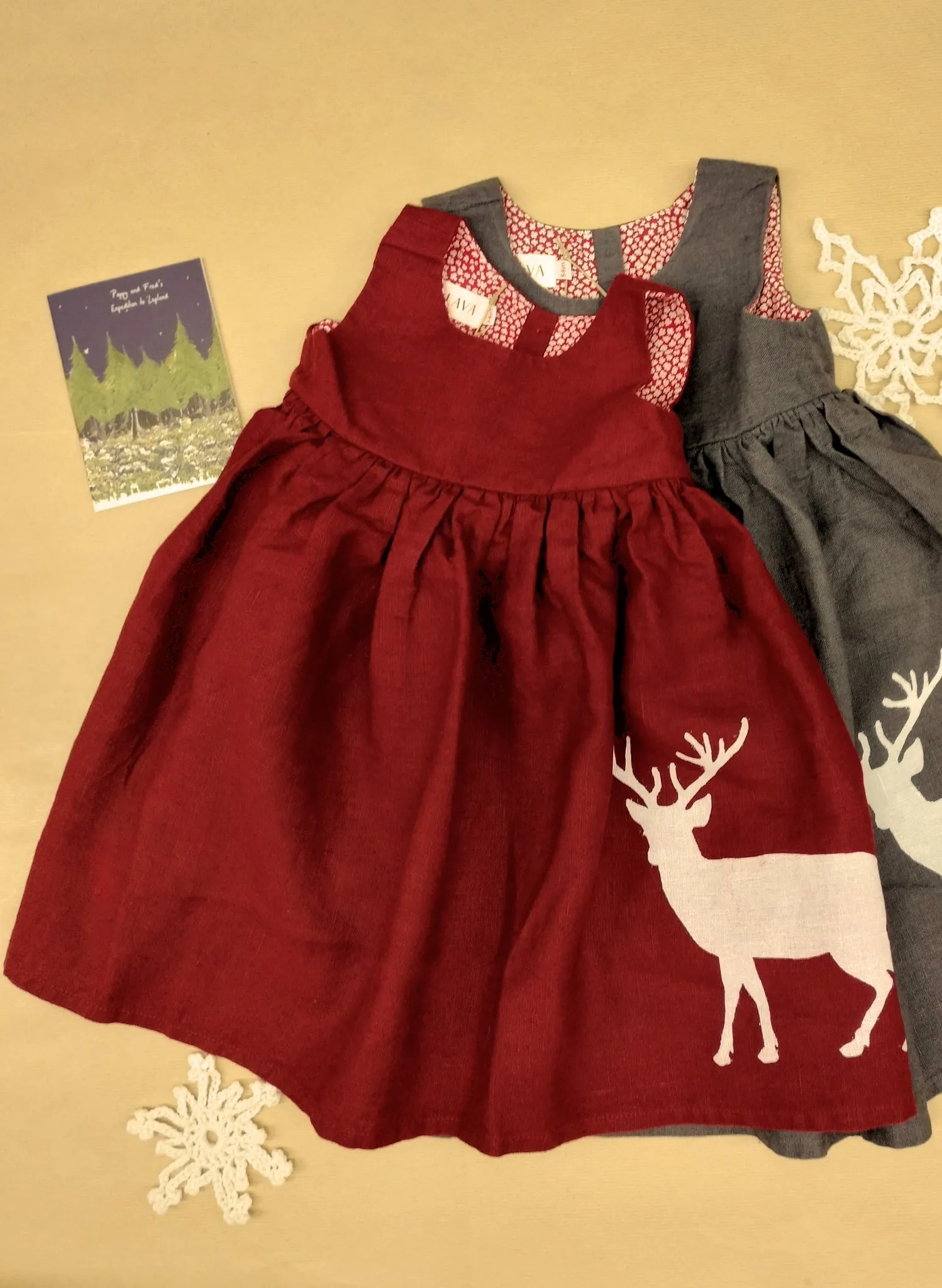 Rosie - Burgundy Reindeer Children's Dress | Linen