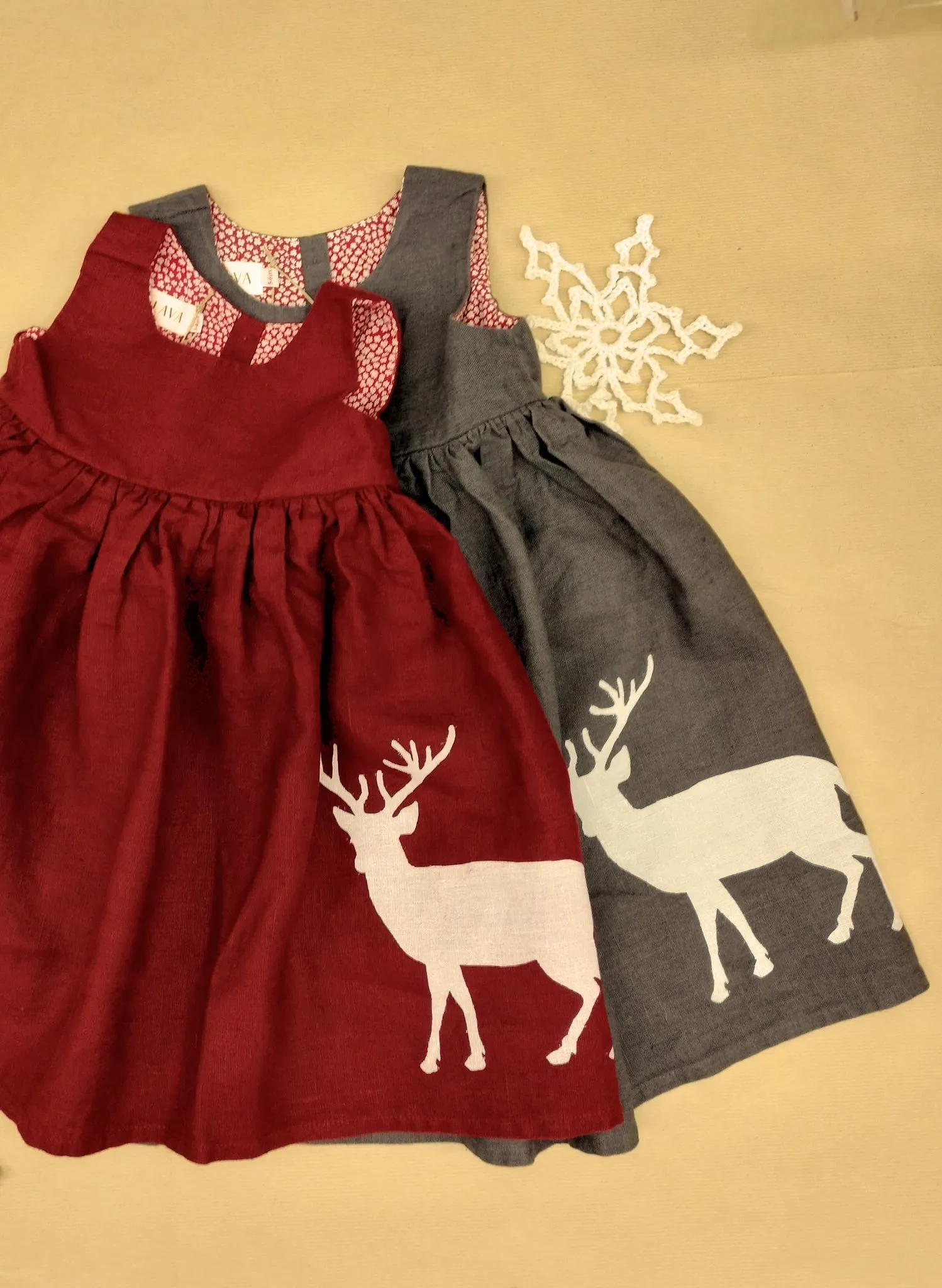 Rosie Children's Dress - Grey Reindeer | Linen