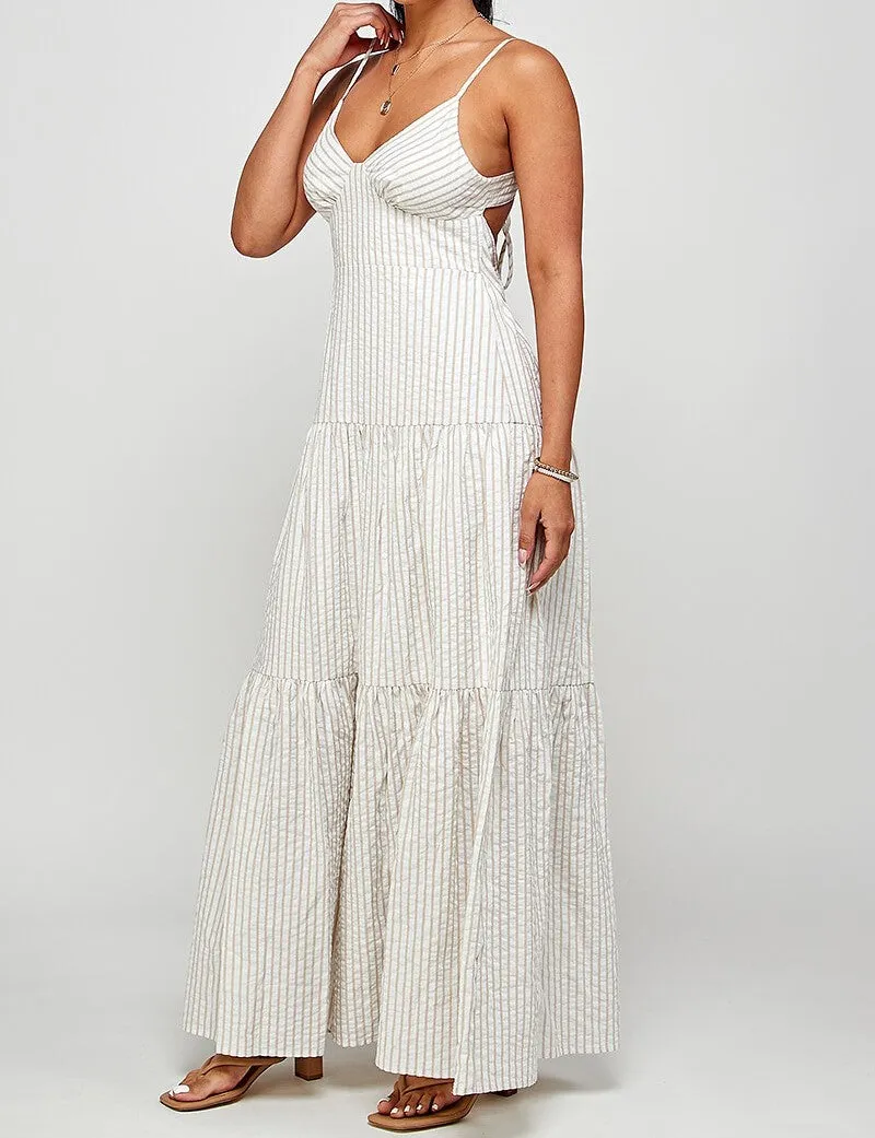 Ruffle Open Back Striped Maxi Dress