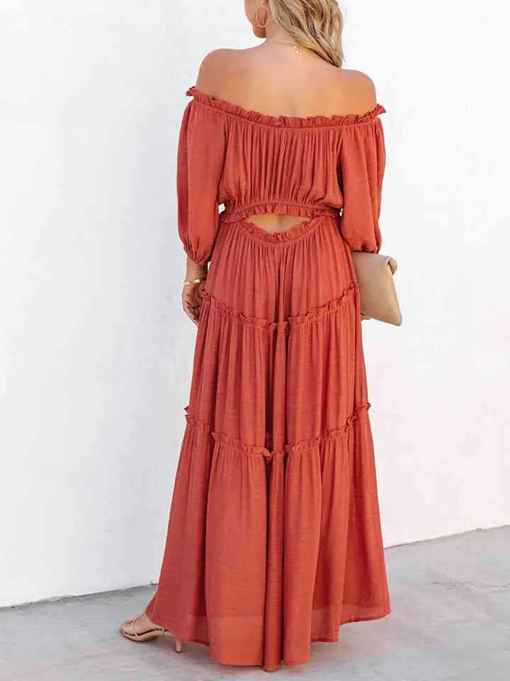 Ruffle Trim Off Shoulder Long Sleeve Maxi Dress