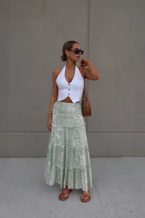 Sage Floral Tiered Maxi Skirt