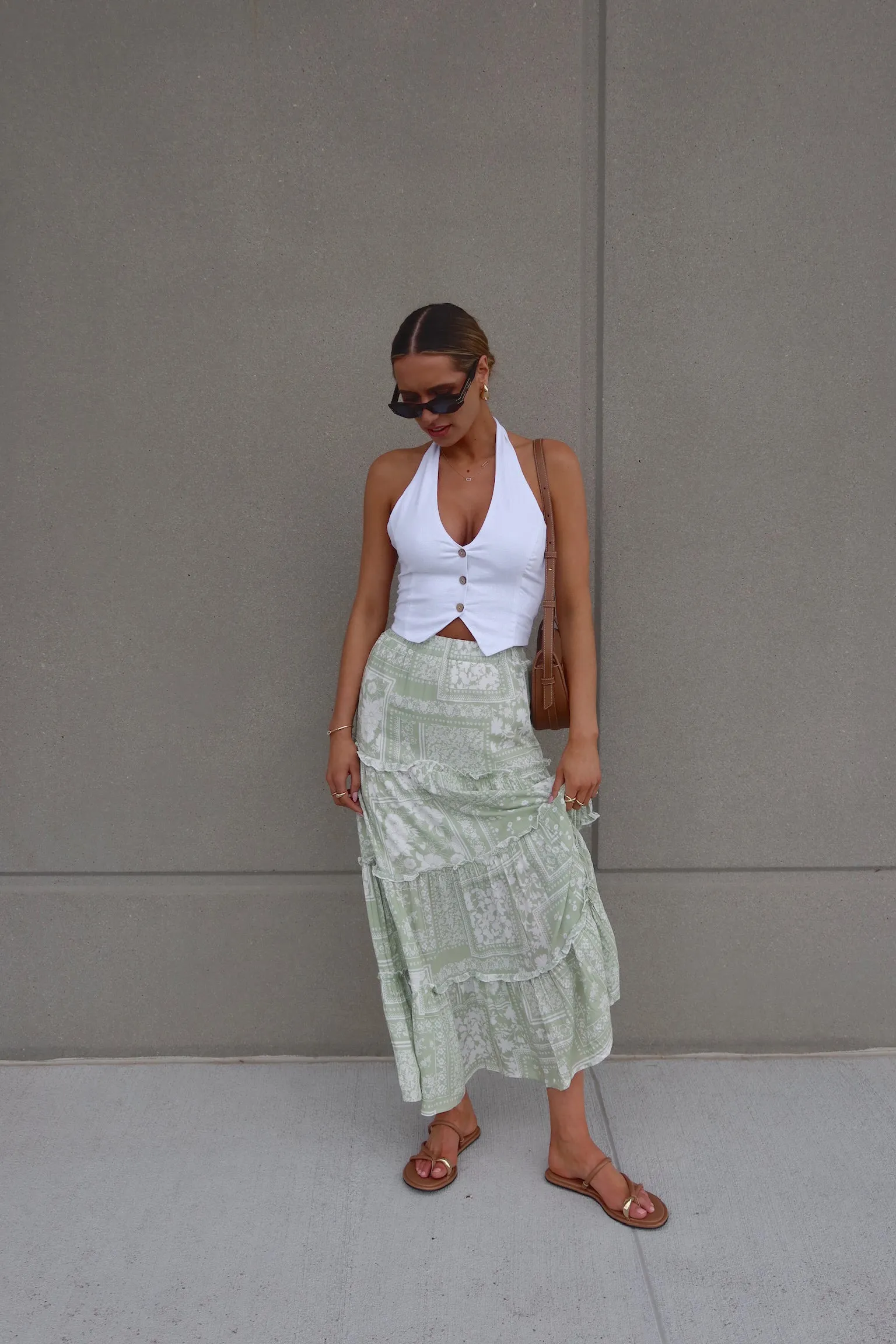 Sage Floral Tiered Maxi Skirt