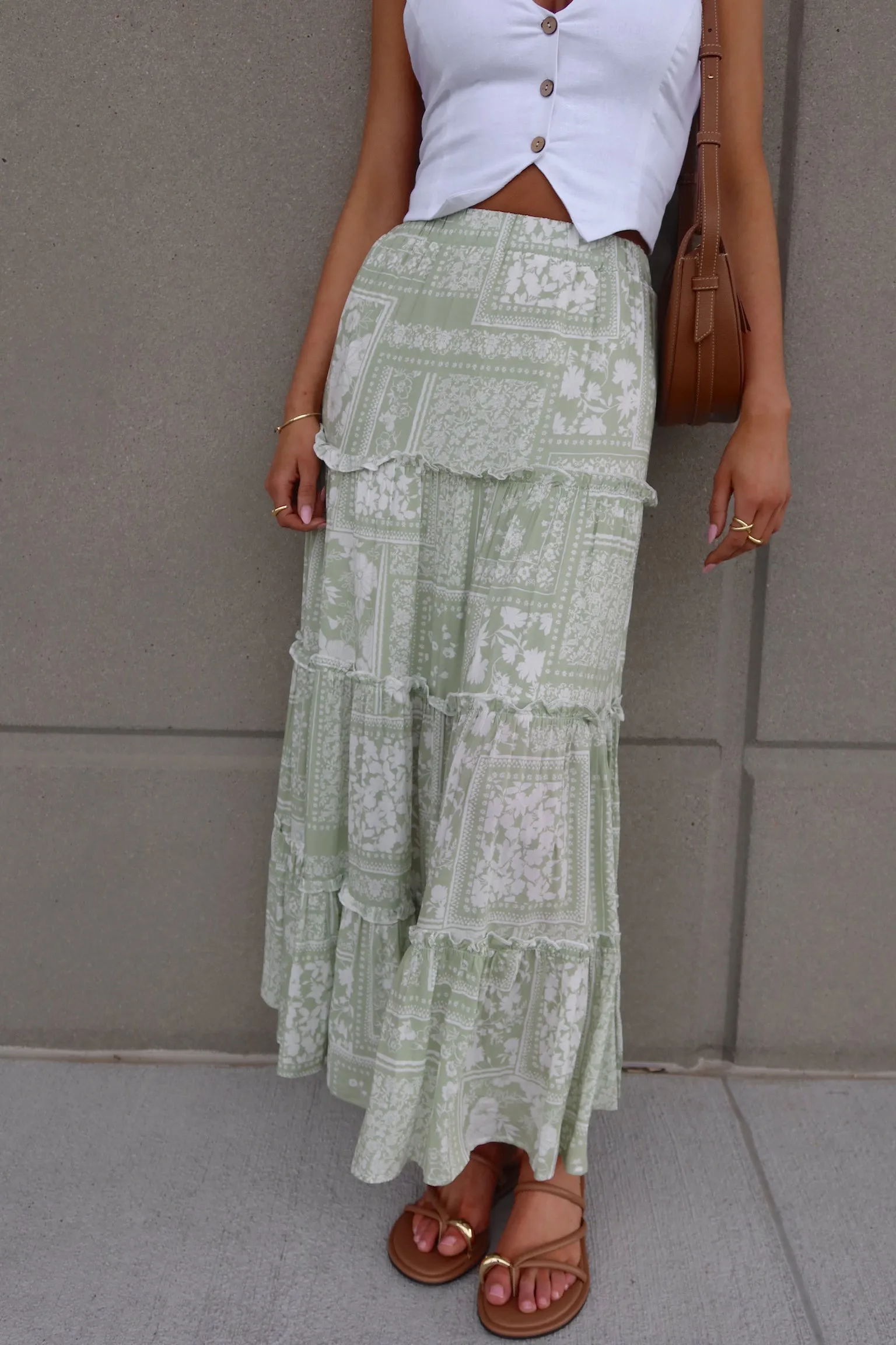 Sage Floral Tiered Maxi Skirt