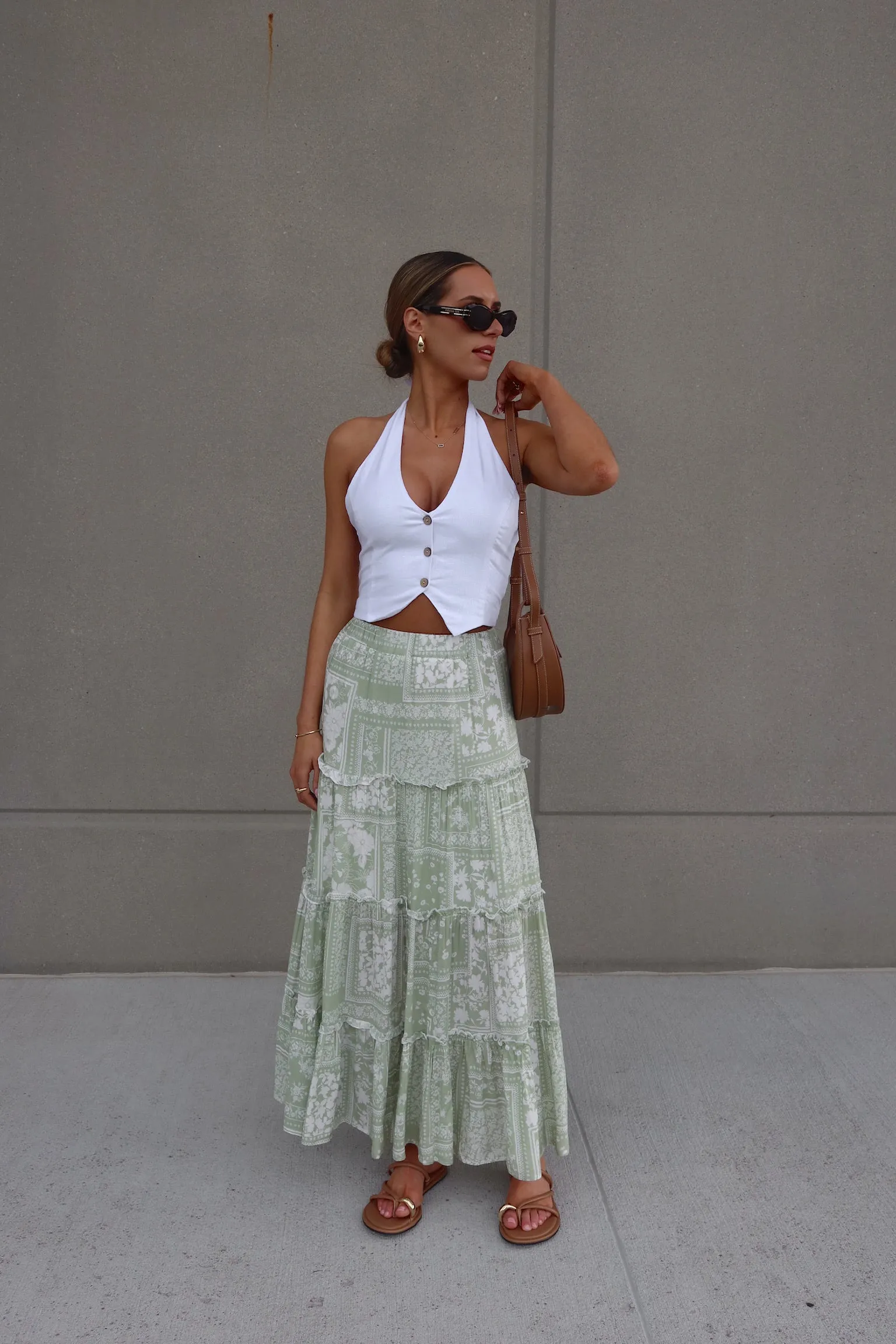 Sage Floral Tiered Maxi Skirt