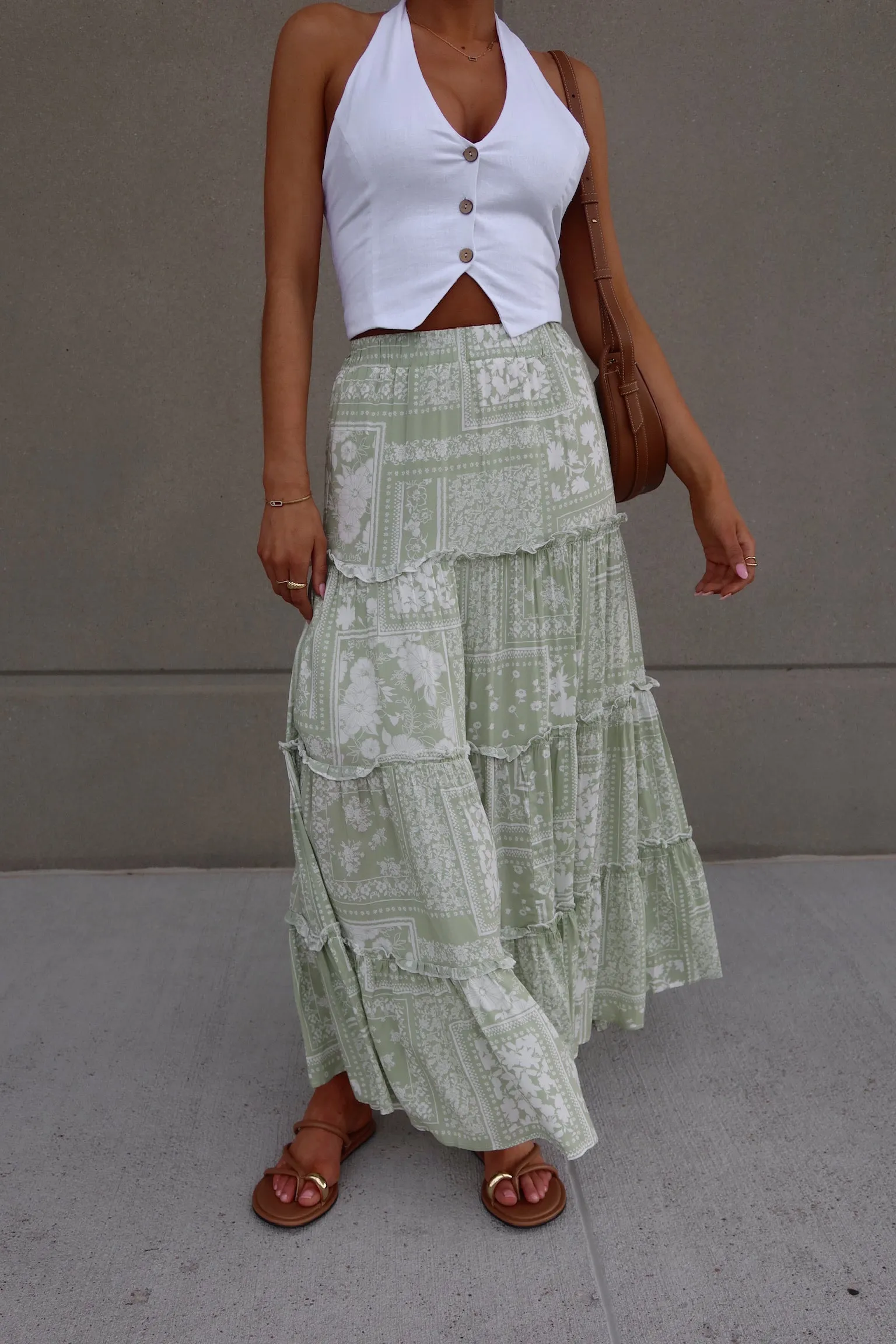 Sage Floral Tiered Maxi Skirt