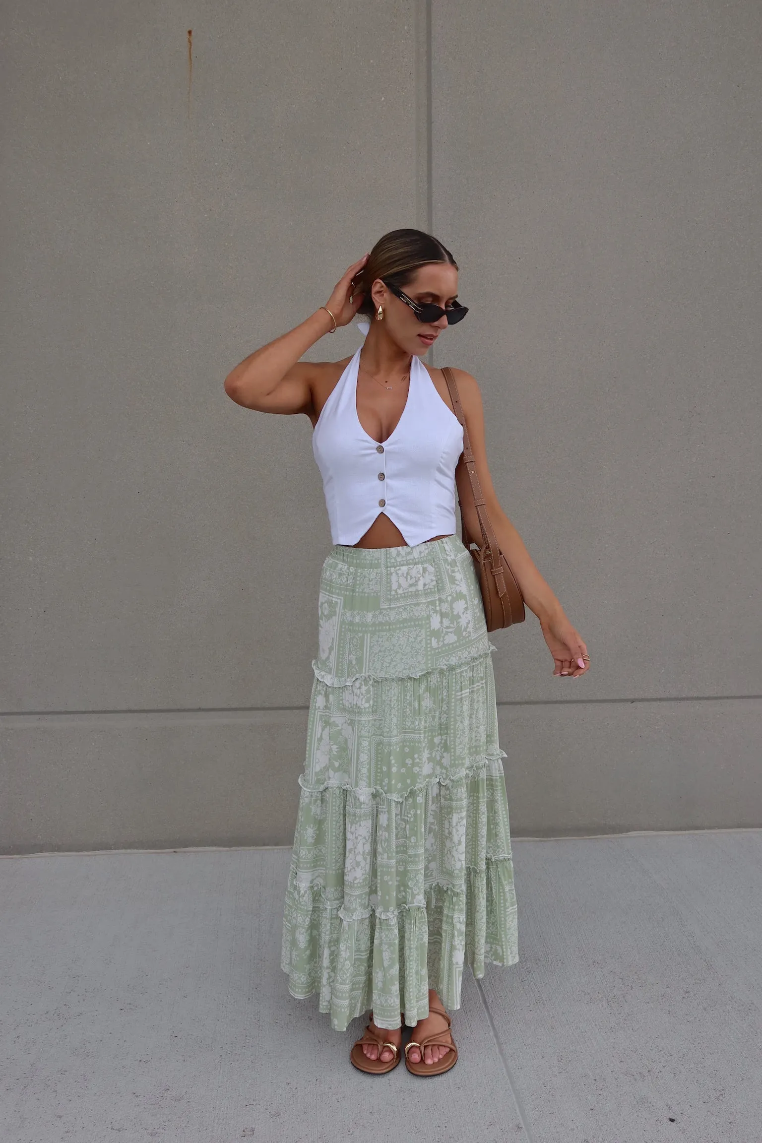 Sage Floral Tiered Maxi Skirt