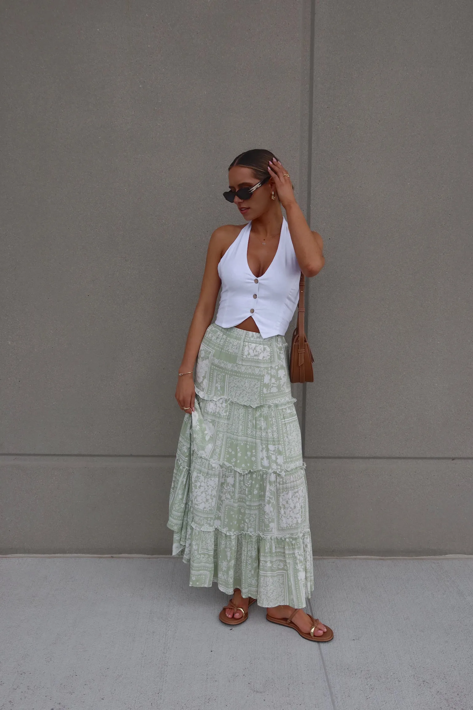 Sage Floral Tiered Maxi Skirt