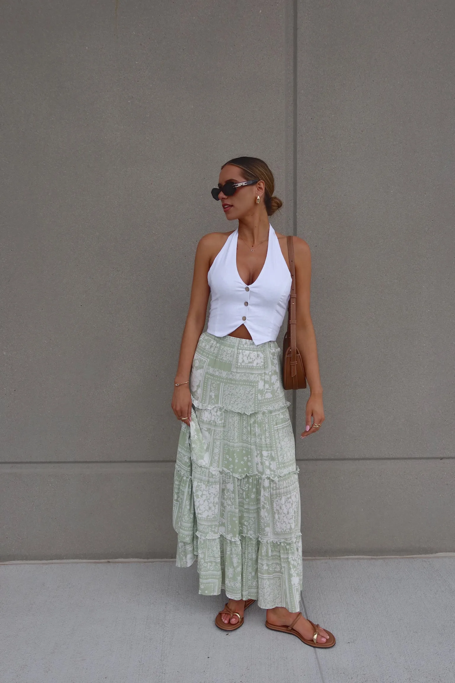 Sage Floral Tiered Maxi Skirt