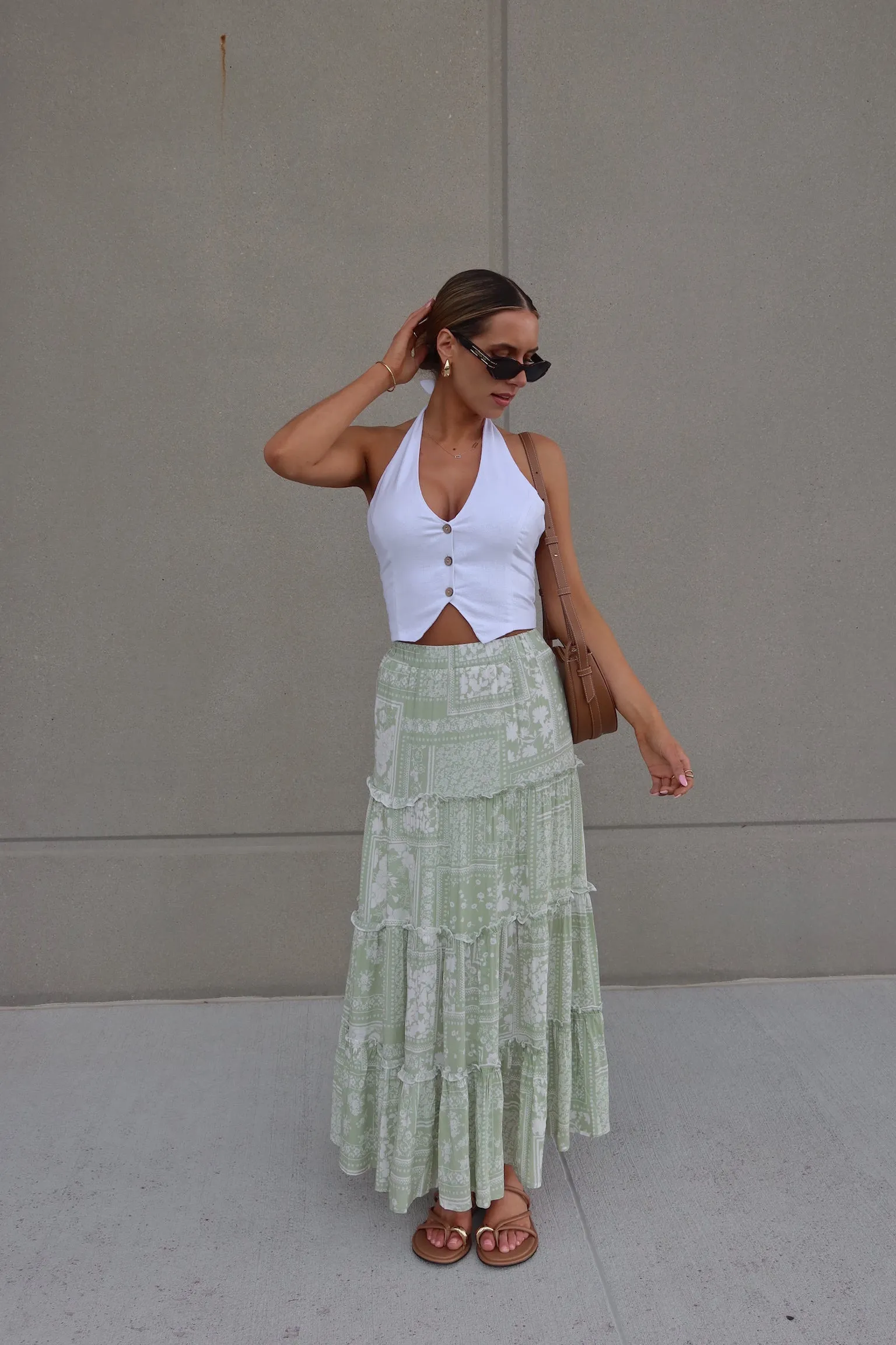 Sage Floral Tiered Maxi Skirt