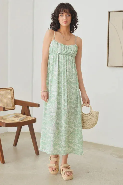 SLEEVELESS SHIRRING TROPICAL PRINT ADJUSTABLE STRAP MAXI DRESS