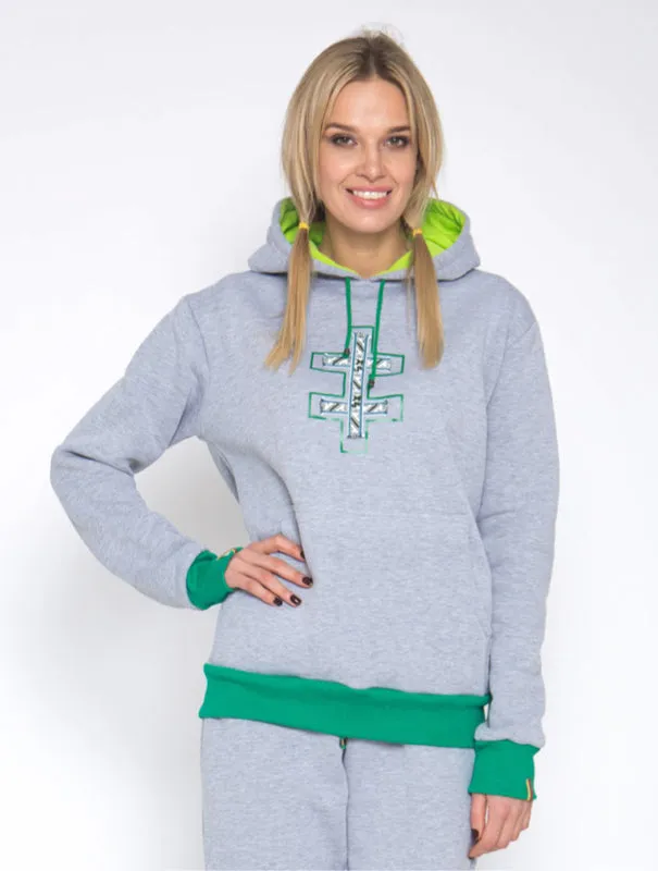 Sofa Killer warm light grey women hoodie with green cuff LTU