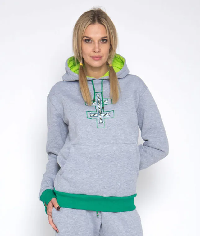 Sofa Killer warm light grey women hoodie with green cuff LTU