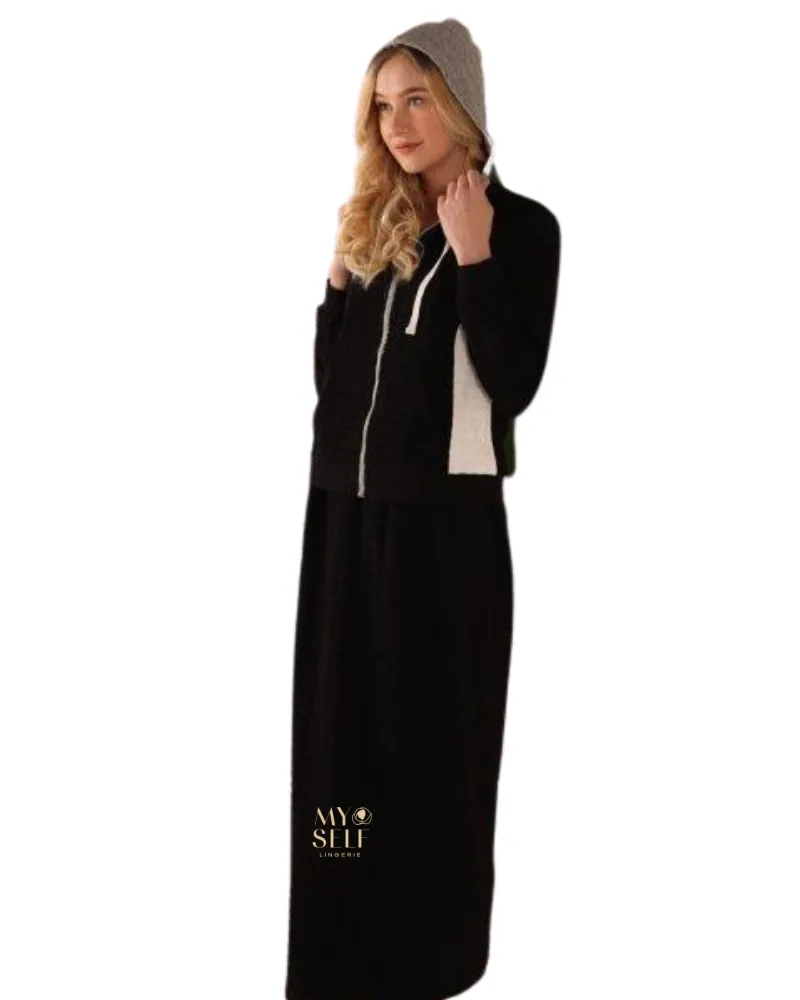 Sparrow Black Textured Terry Hoodie and Maxi Skirt