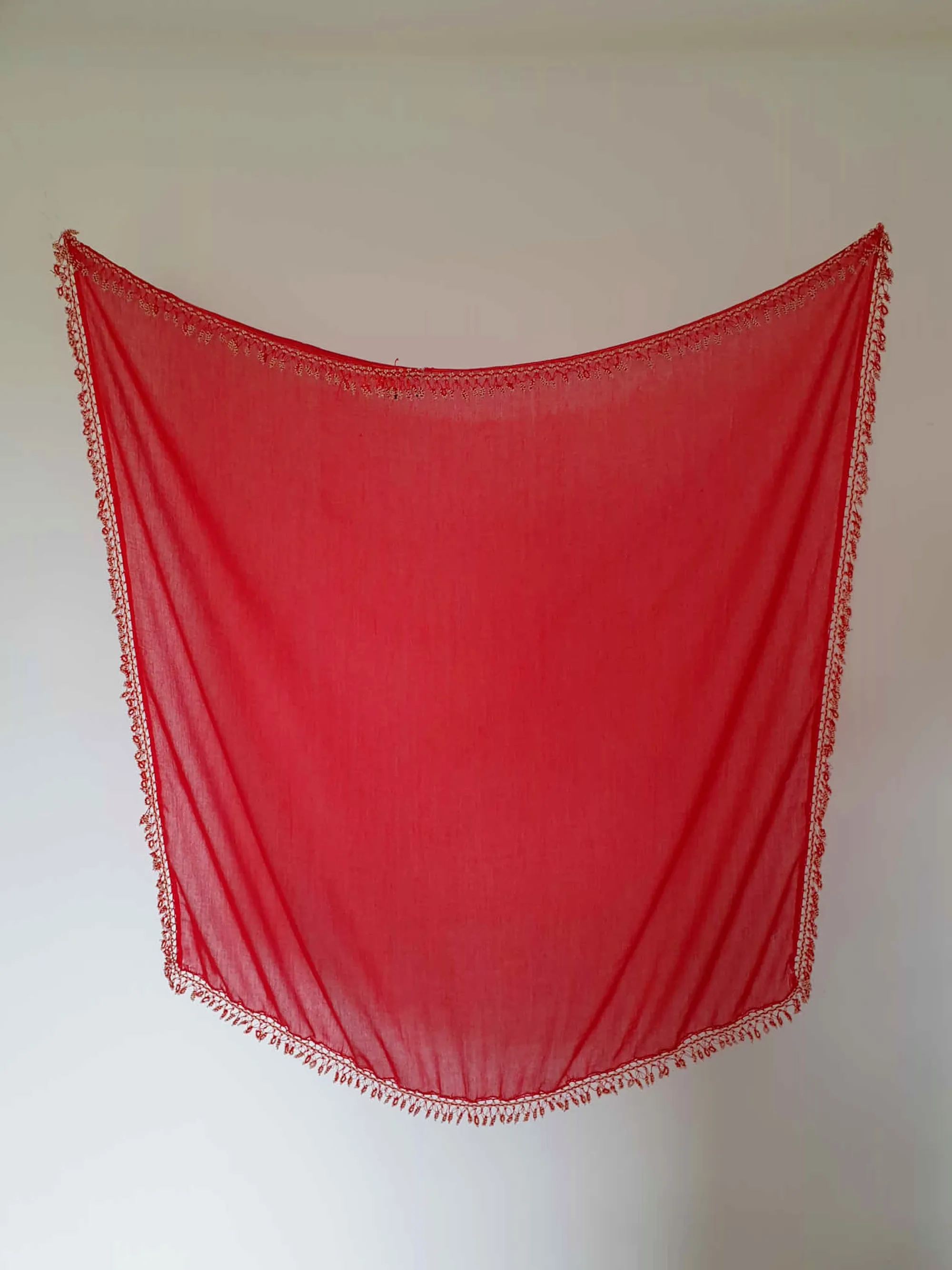 Square Red Scarf with Pearl Beaded Fringe