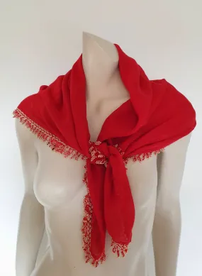 Square Red Scarf with Pearl Beaded Fringe