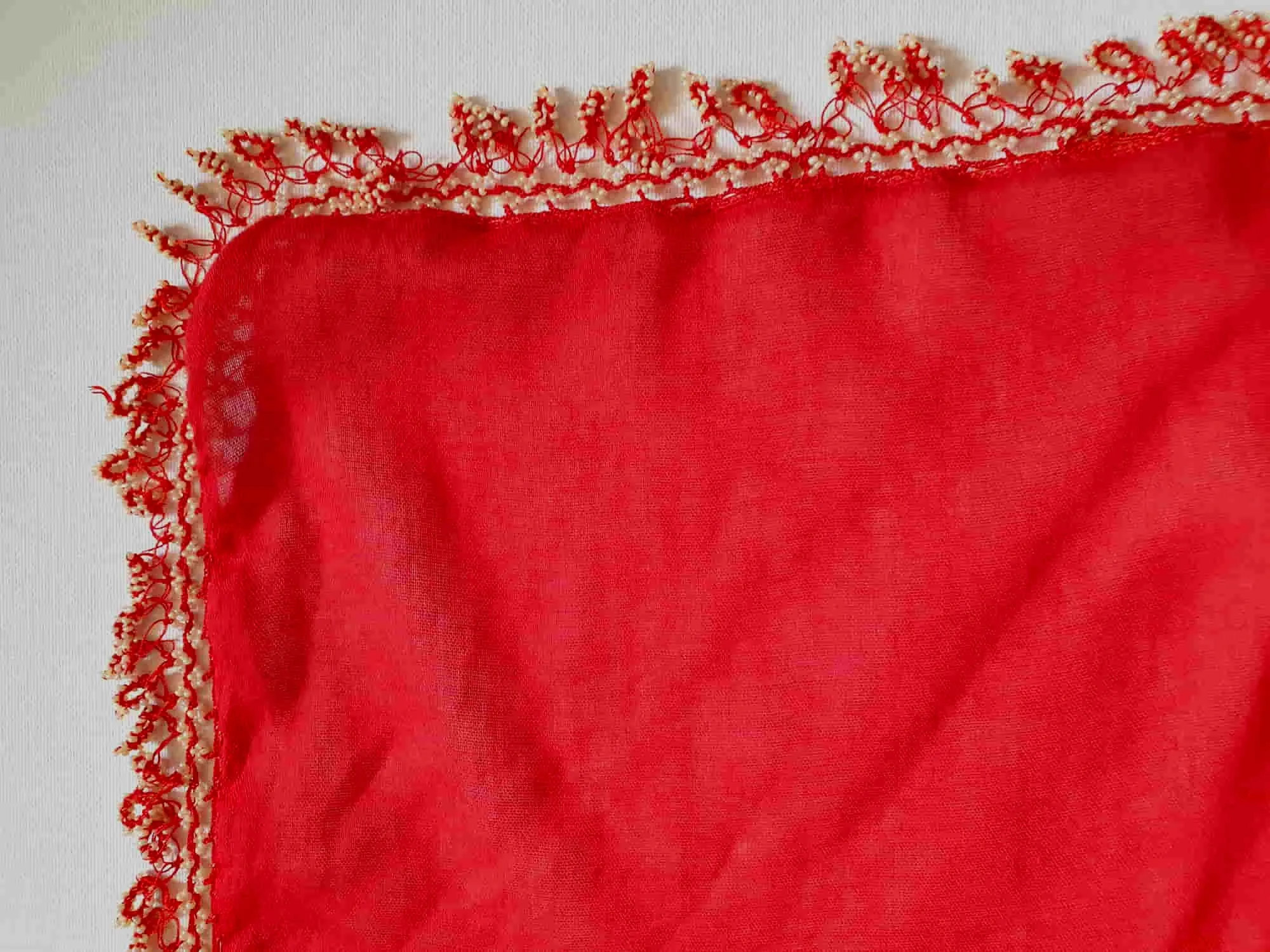 Square Red Scarf with Pearl Beaded Fringe