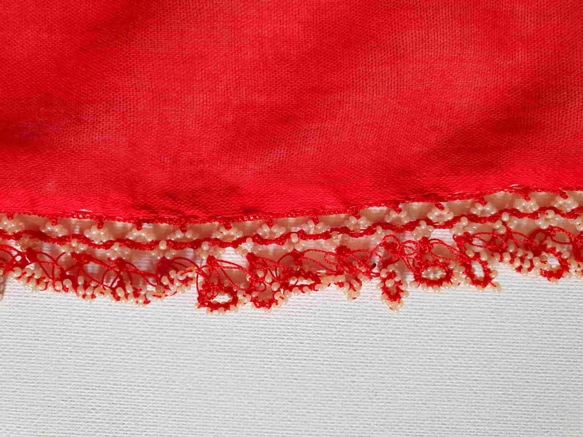 Square Red Scarf with Pearl Beaded Fringe