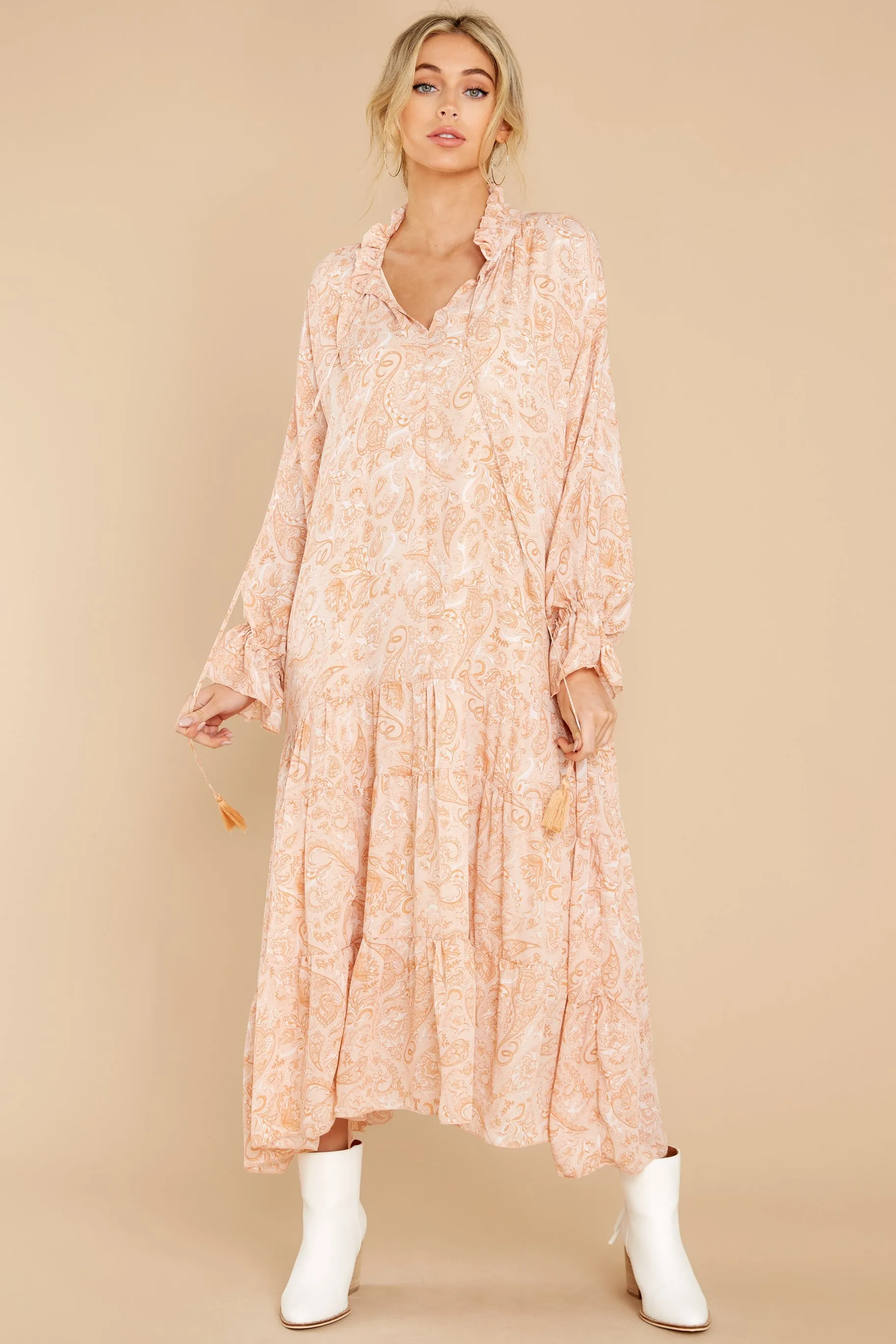 Sunset Whimsy Apricot Print Maxi Dress