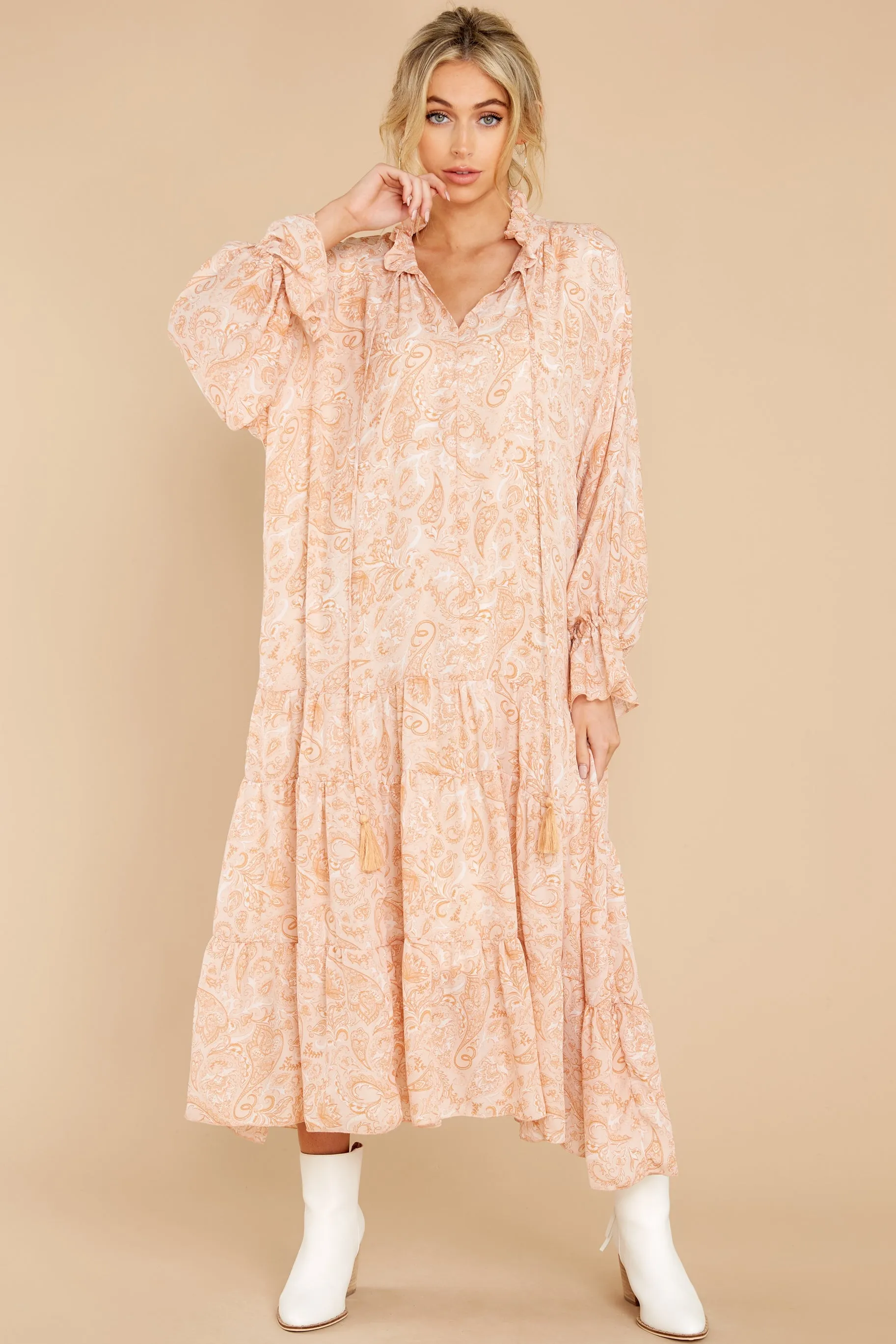 Sunset Whimsy Apricot Print Maxi Dress