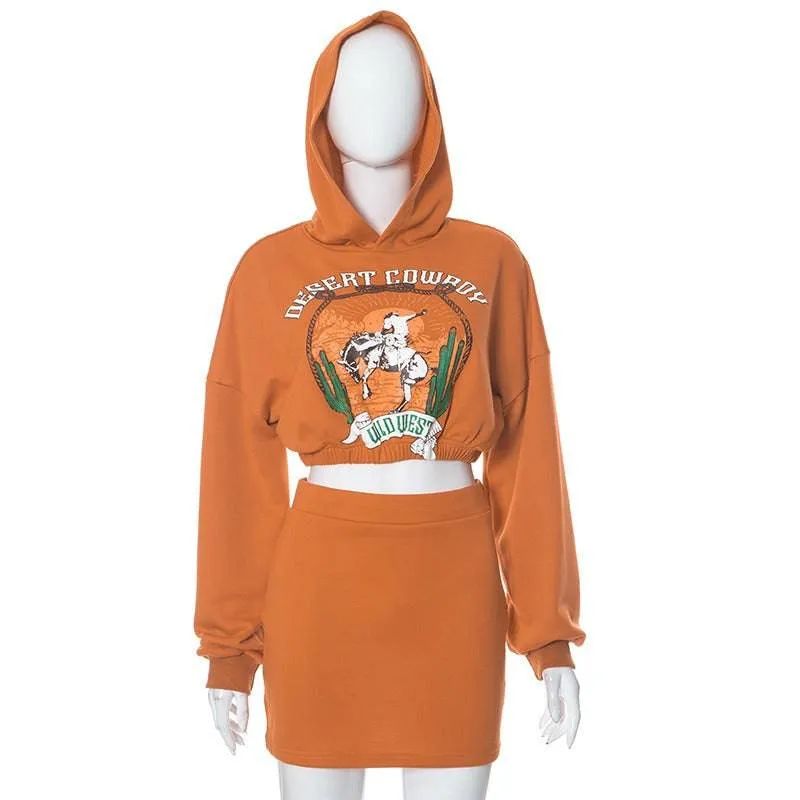 sweatshirt printed hooded skirt set