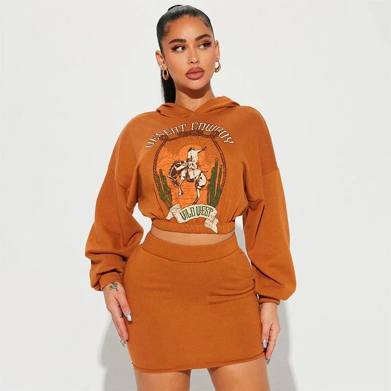 sweatshirt printed hooded skirt set