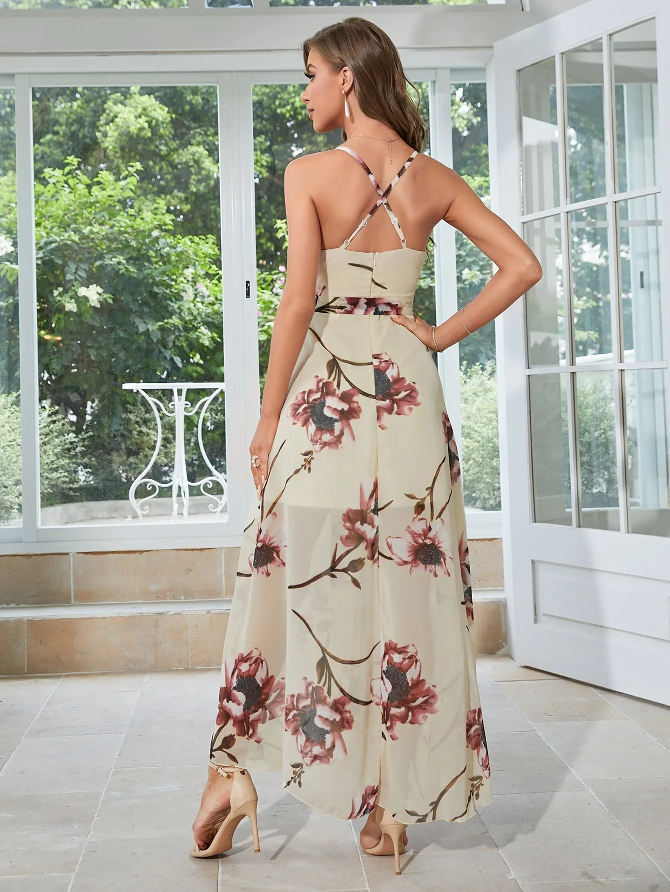 TastyHottie - Floral Print Surplice Belted Maxi Dress