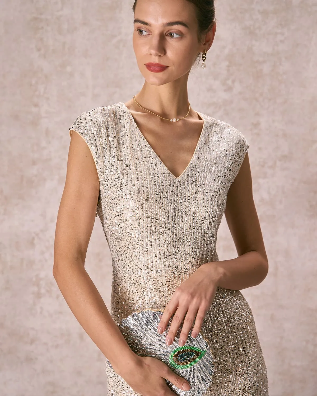 The Apricot V-Neck Sequin Maxi Dress