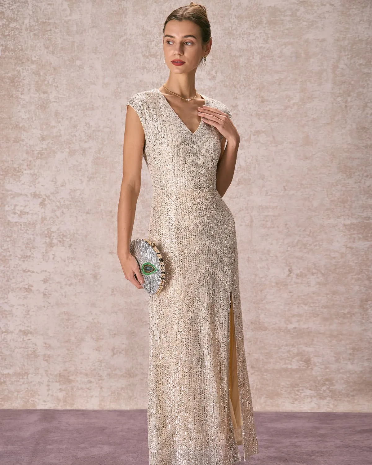 The Apricot V-Neck Sequin Maxi Dress