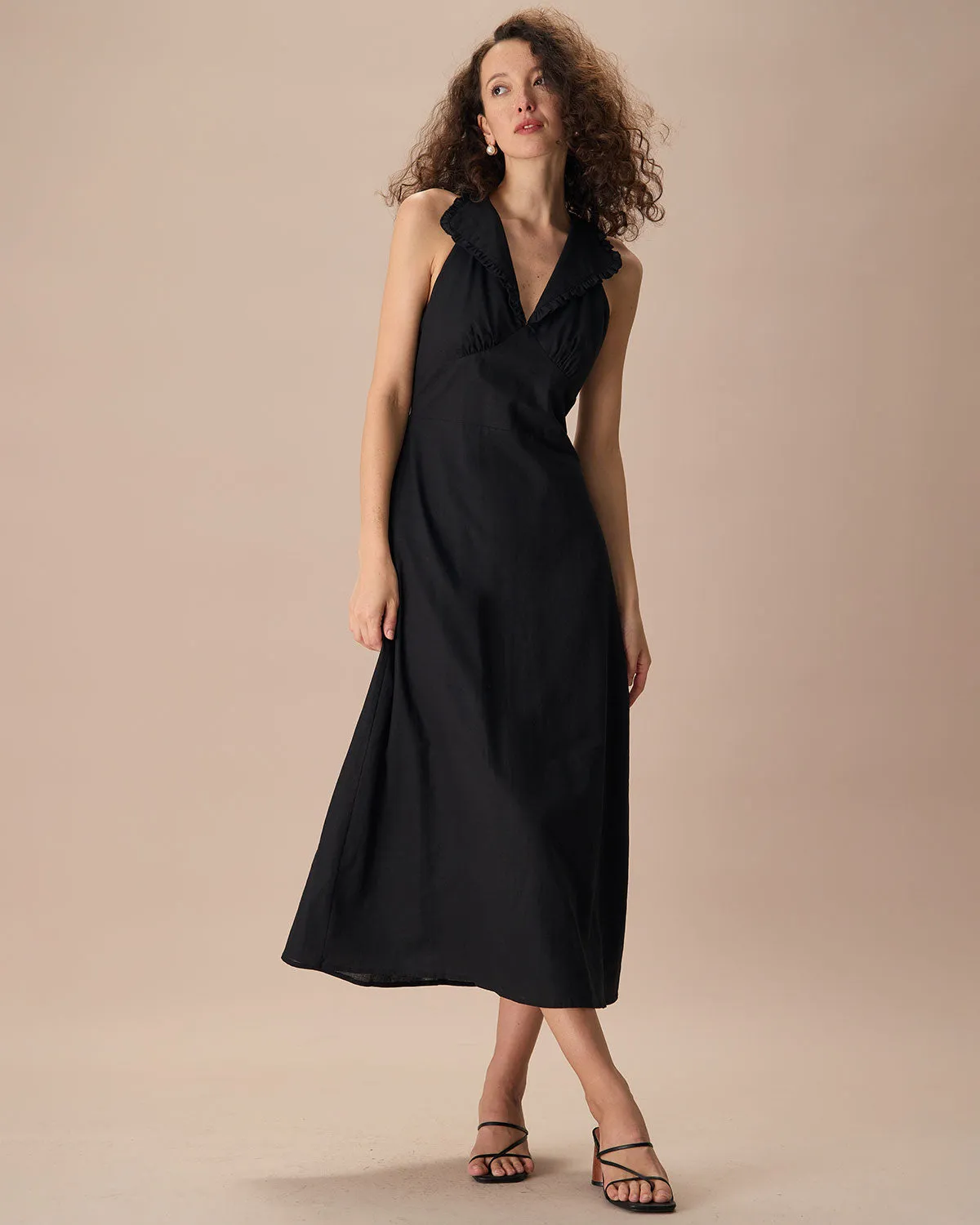 The Black Collared Frill Trim Linen Maxi Dress