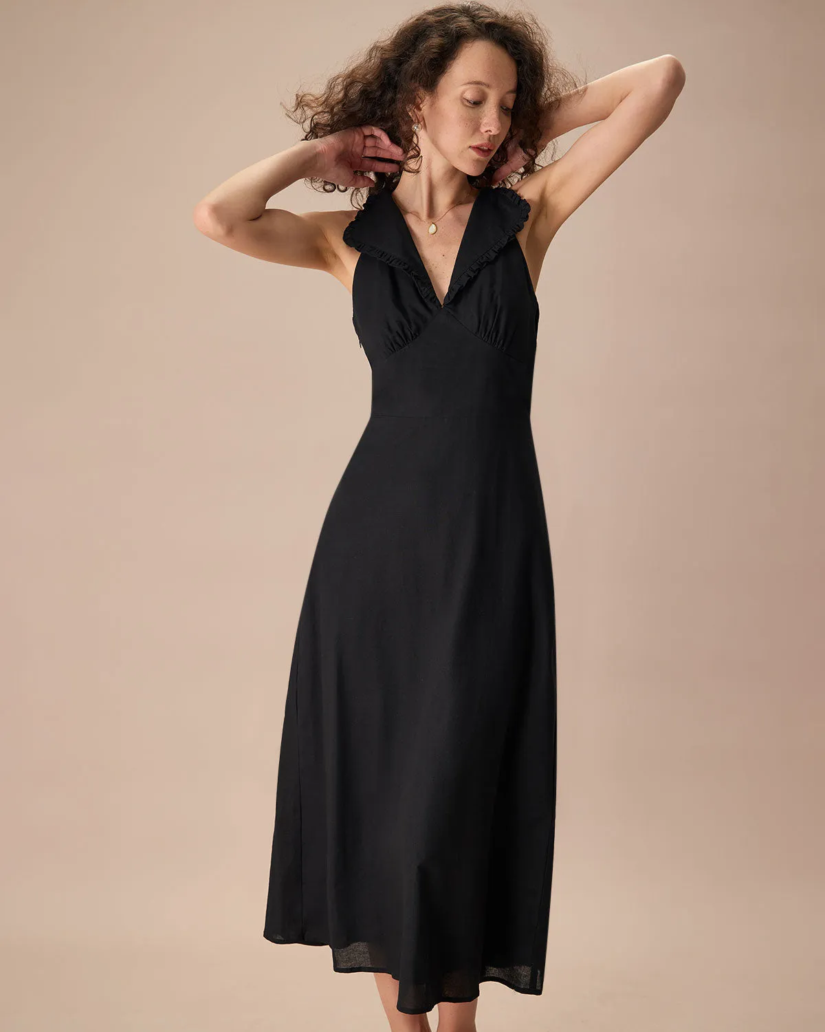 The Black Collared Frill Trim Linen Maxi Dress