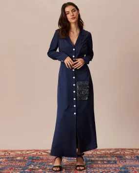 The Navy Lapel Single-Breasted Maxi Dress