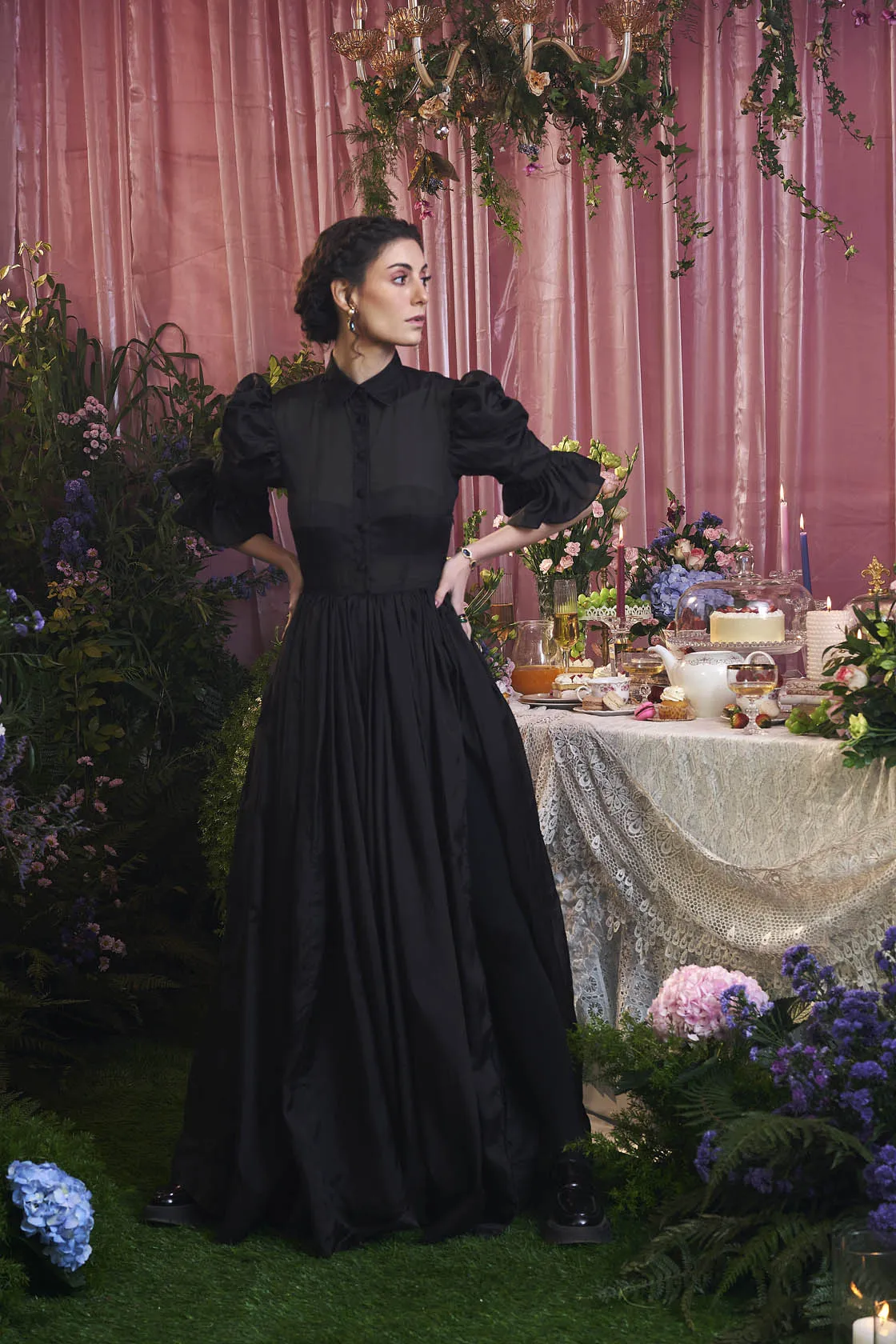 Unforgotten tales of Organza Black Maxi Shirt Dress