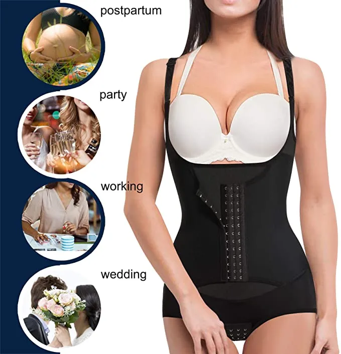 Ursexyly Women Waist Trainer Bodysuit Tummy Control Corset Full Body Shaper Cincher Tank Top Shapewear with Adjustable Straps Hooks, Black, Medium