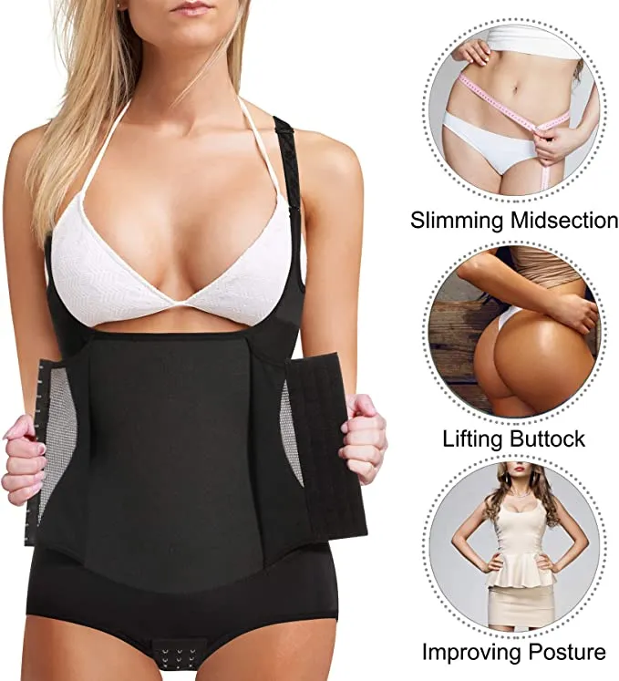 Ursexyly Women Waist Trainer Bodysuit Tummy Control Corset Full Body Shaper Cincher Tank Top Shapewear with Adjustable Straps Hooks, Black, Medium