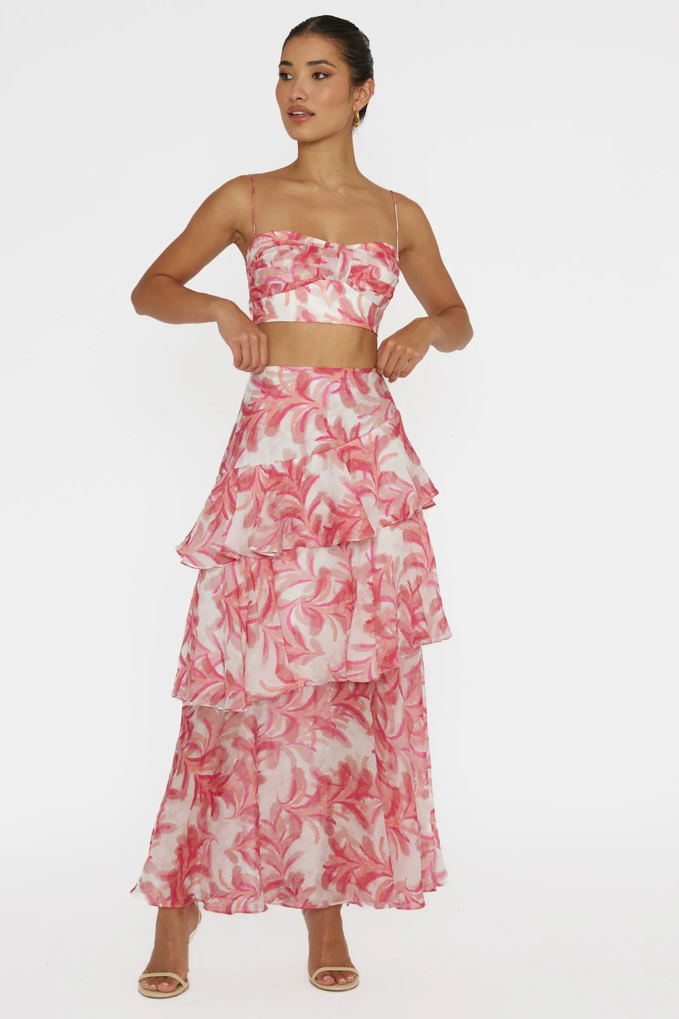 Veda Tiered Ruffle Maxi Skirt Floral Pink