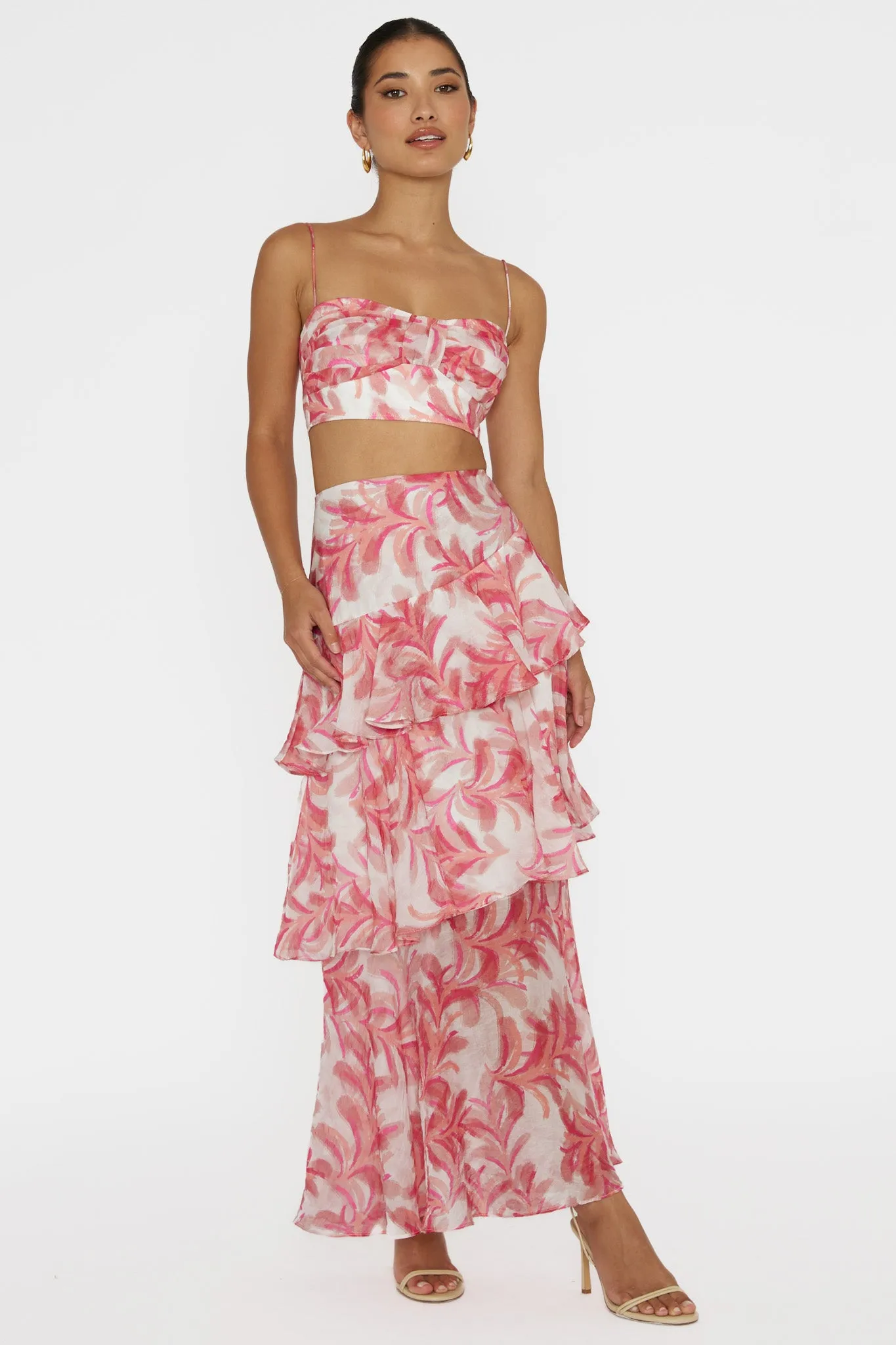 Veda Tiered Ruffle Maxi Skirt Floral Pink