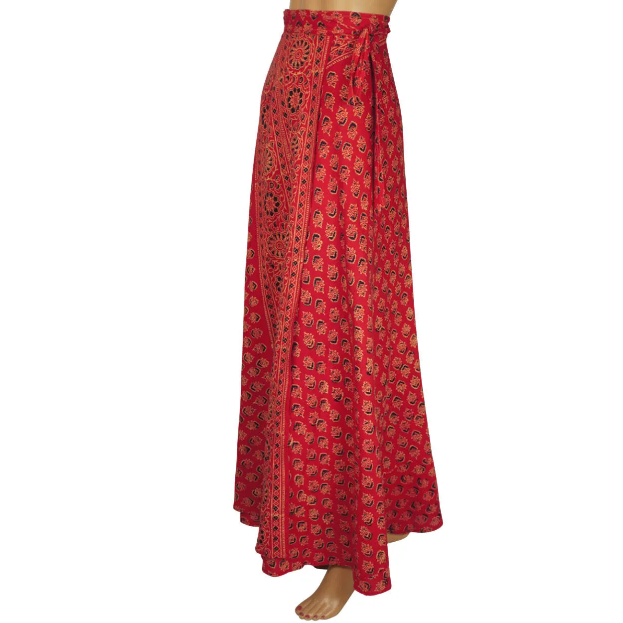 Vintage 1970s Indian Wraparound Skirt Block Print Red Cotton Hippie Festival